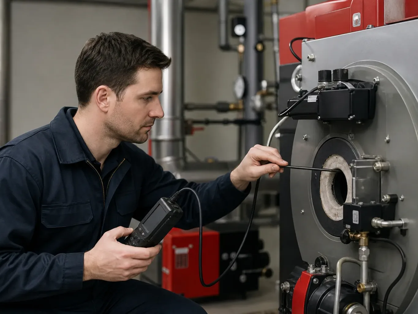 An engineer testing a boiler's combustion performance with a flue gas analyser probe