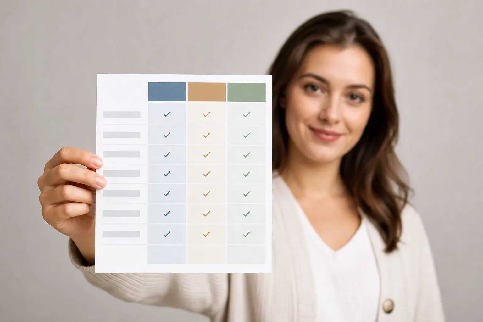 A comparison table of service prices printed on a leaflet held in a person's hand