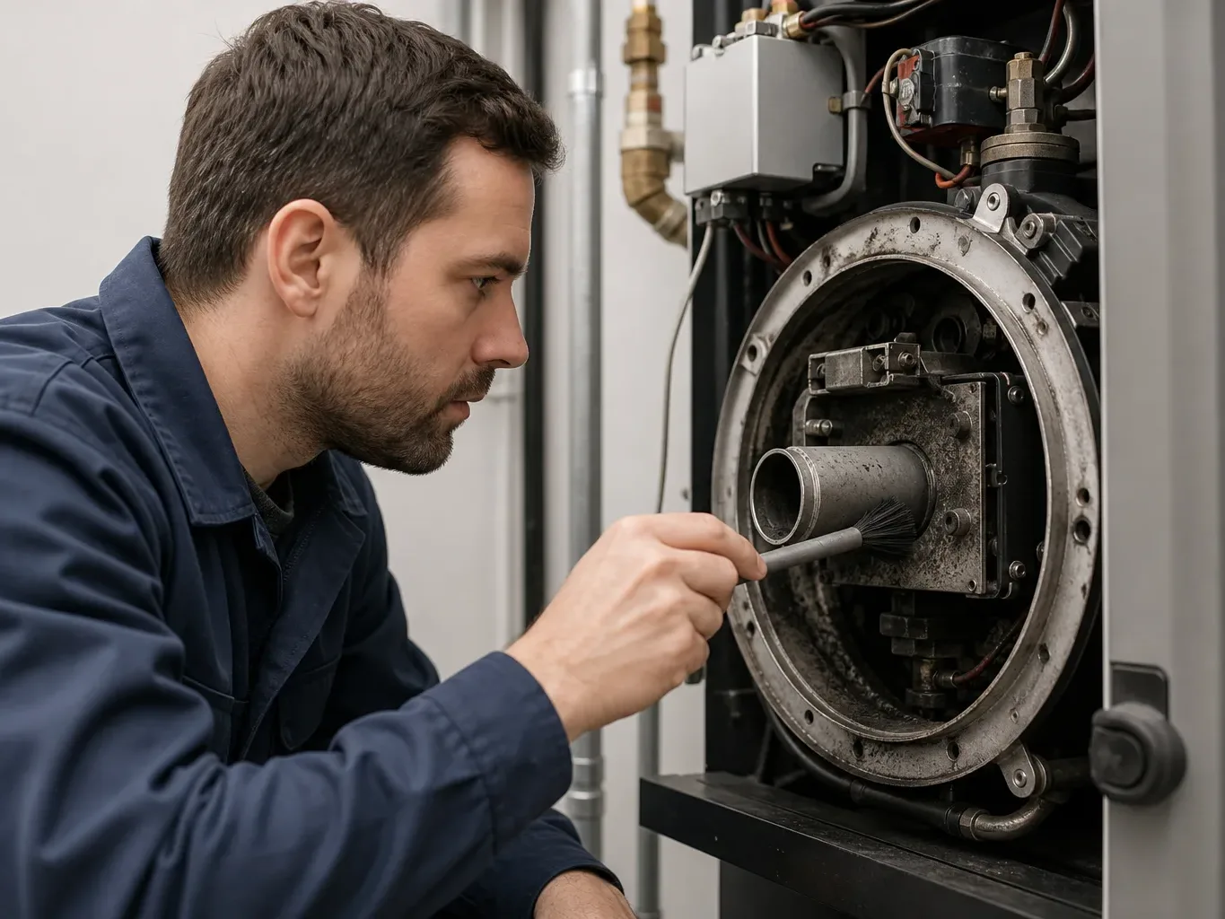 An engineer cleaning the boiler burner with a small brush during a service visit