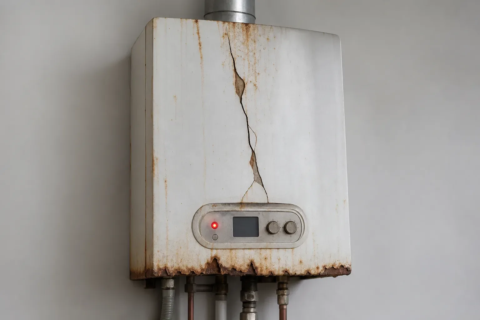 An old boiler with rust staining, a cracked casing, and an error light on the display