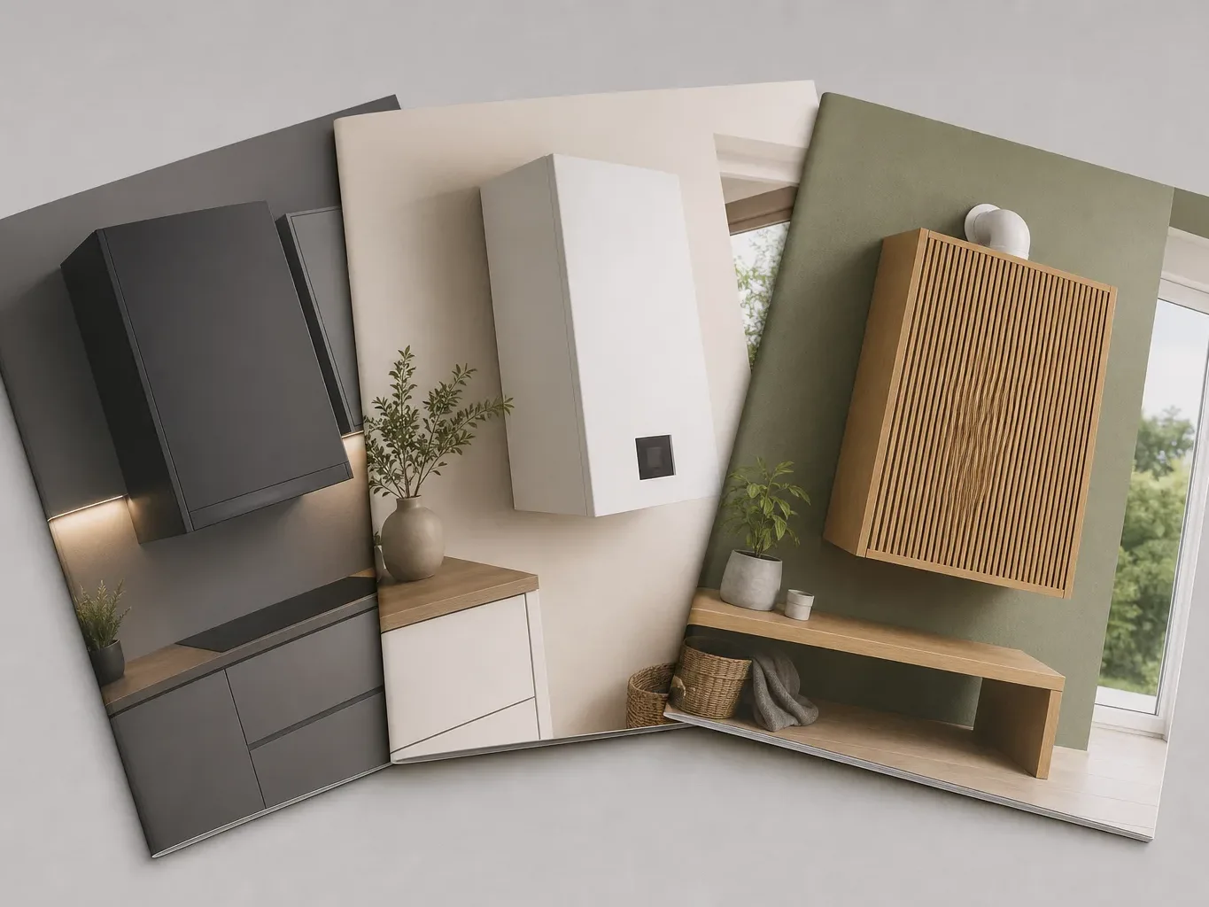 Three different boiler cover plan brochures fanned out on a desk