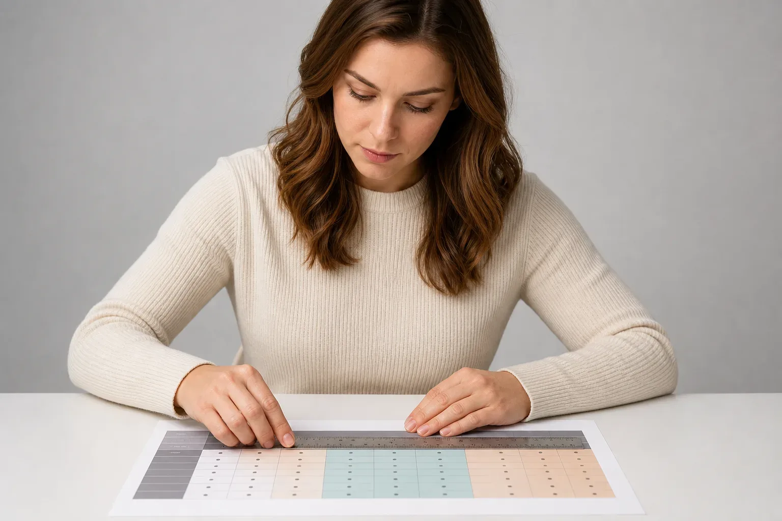 A person using a ruler to compare rows on a printed feature comparison table