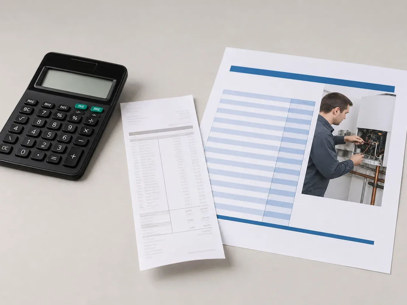 A calculator and a boiler repair receipt placed next to a monthly cover plan cost sheet