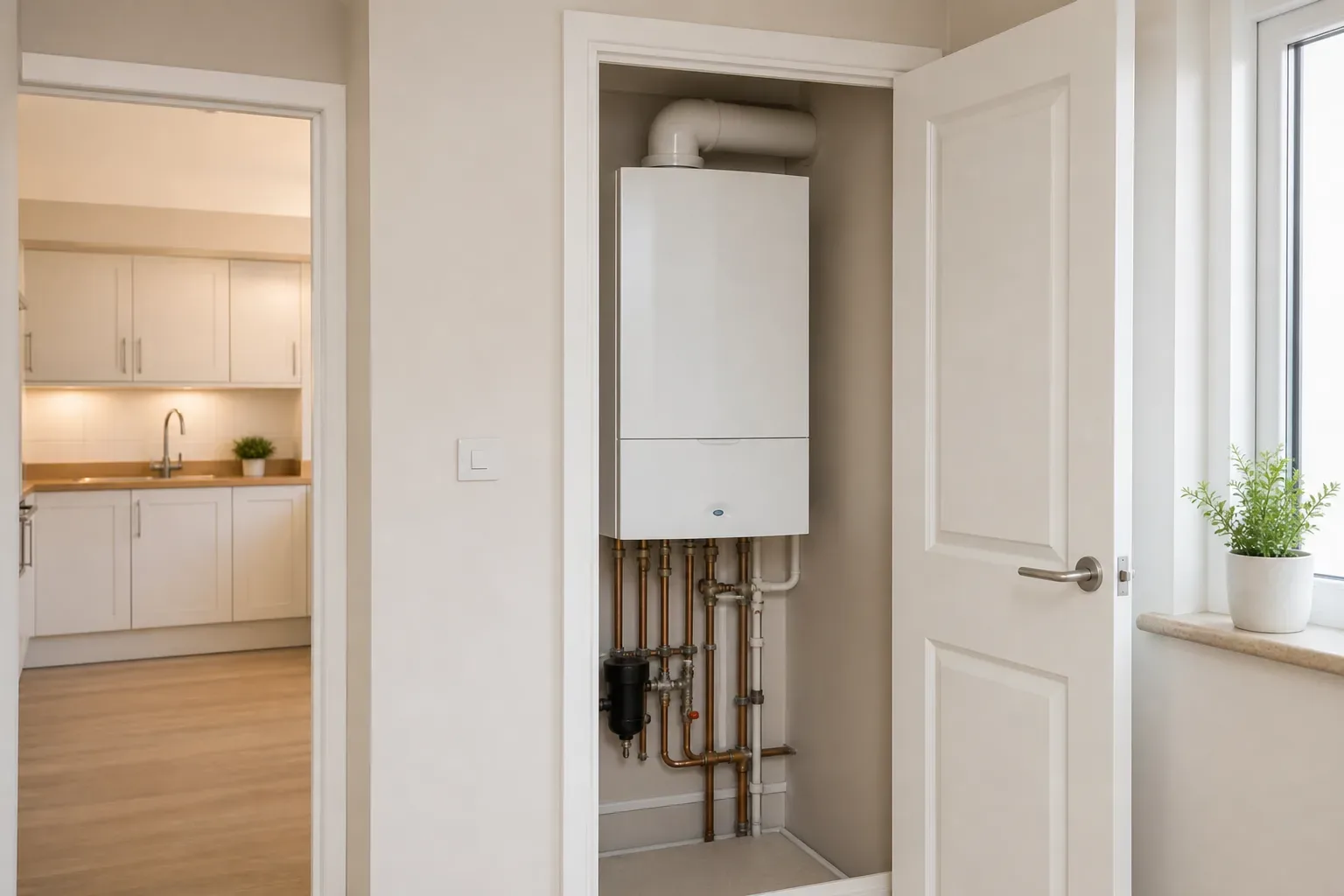 A compact flat with a combi boiler visible inside a small cupboard, no separate cylinder present