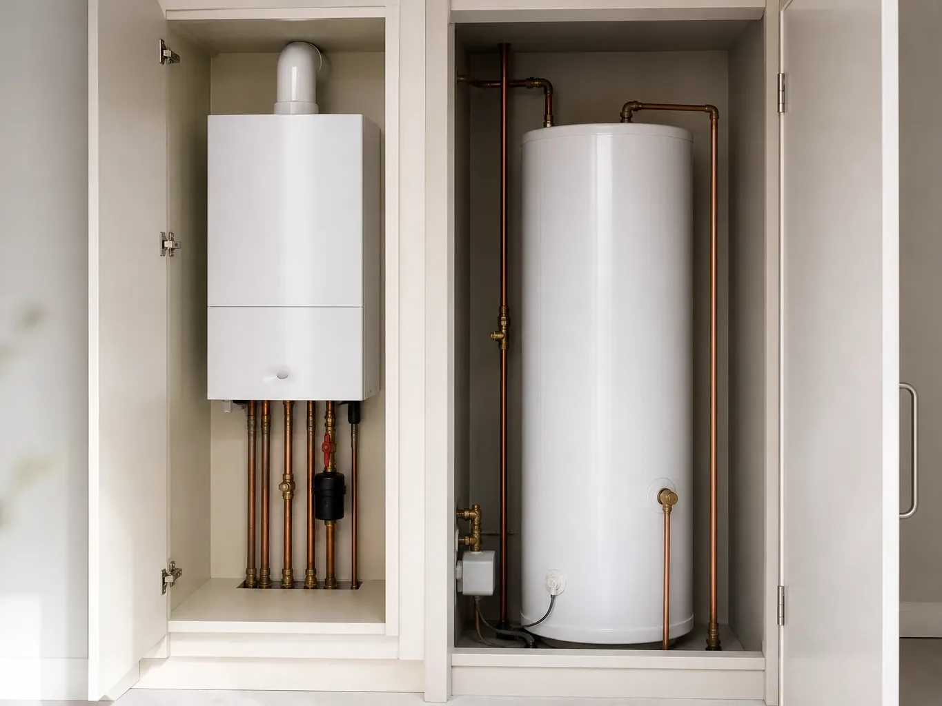 A system boiler with a separate hot water cylinder mounted in a larger airing cupboard