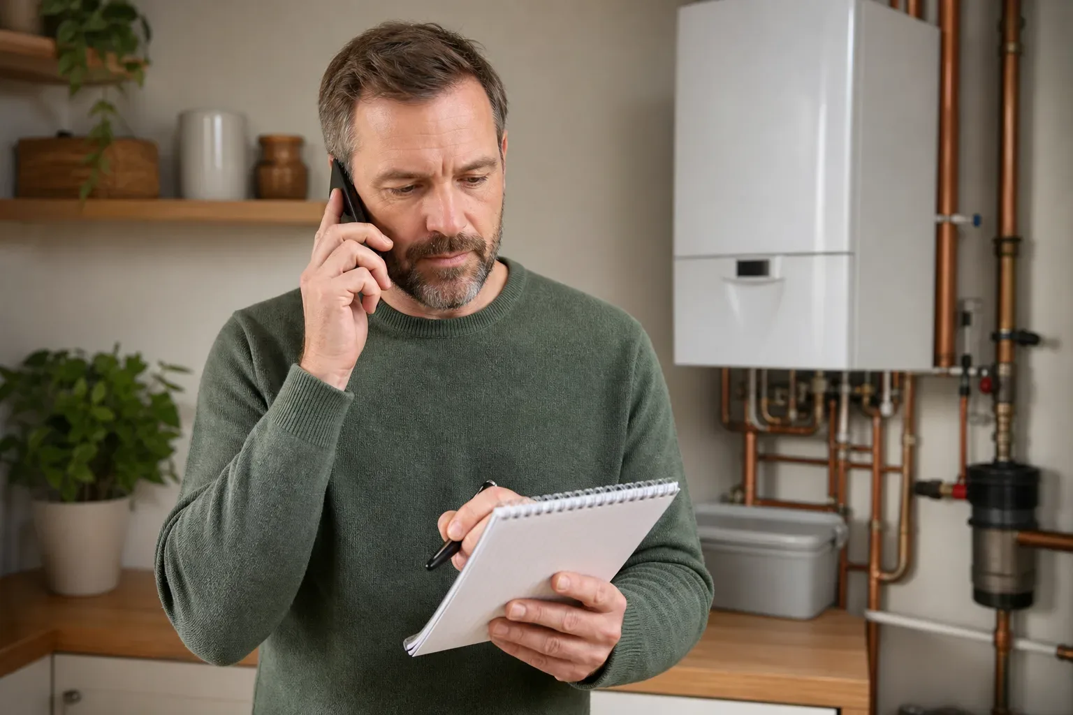 A homeowner on the phone holding a notepad with written questions about boiler options