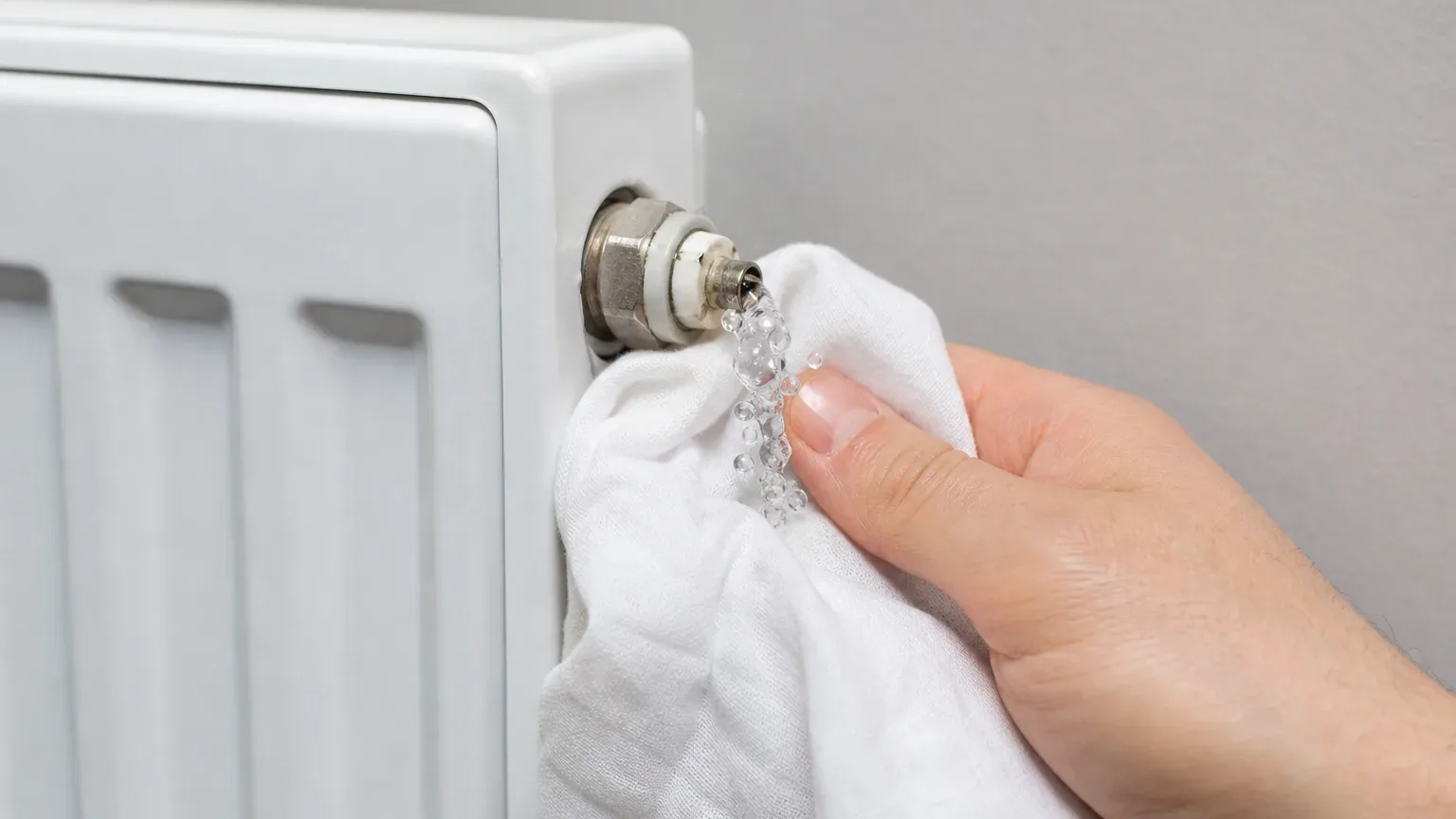 A close-up of bubbles escaping from an open radiator bleed valve into a cloth
