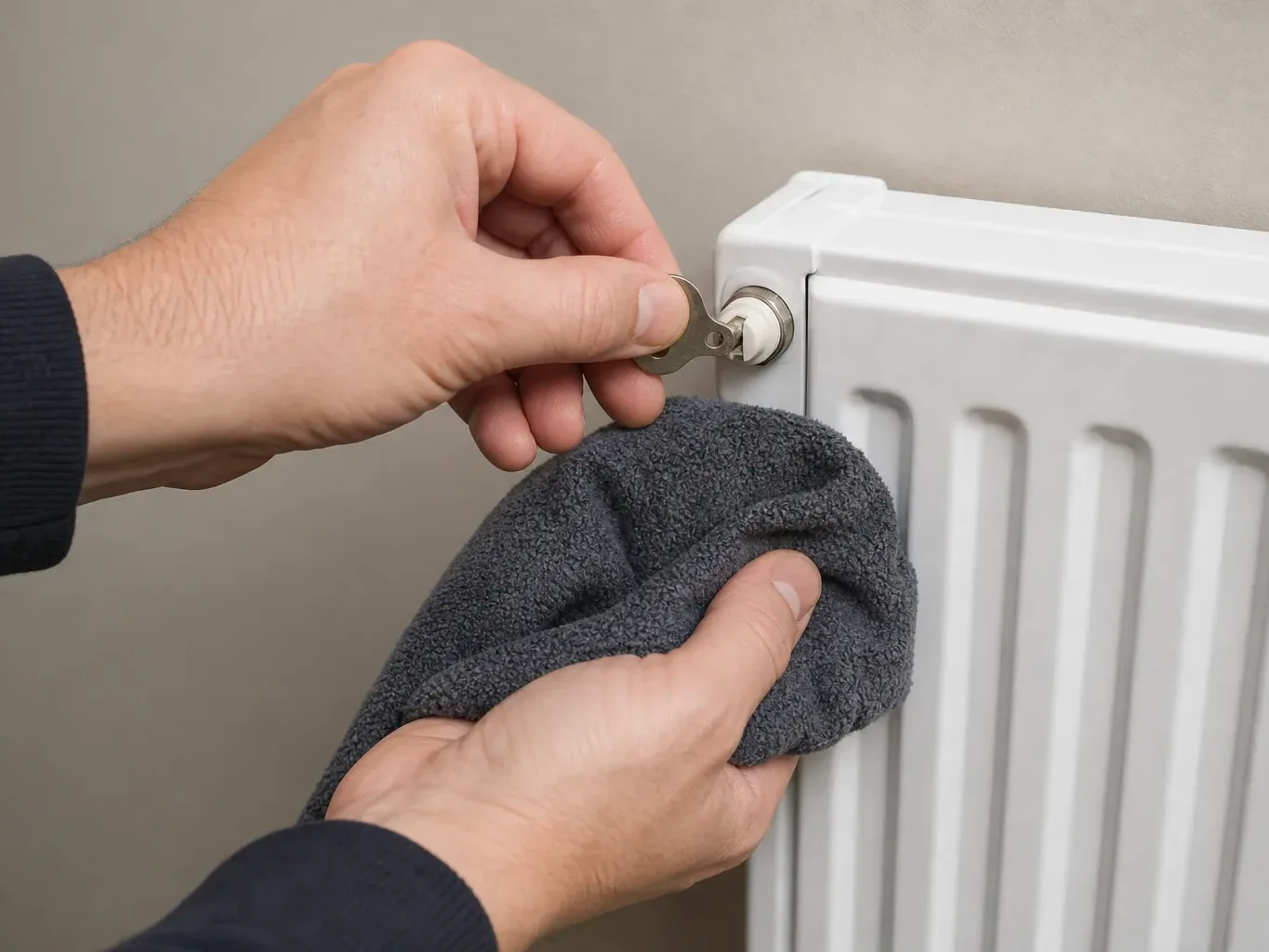 Hands inserting a bleed key into a radiator valve with a towel held beneath to catch drips