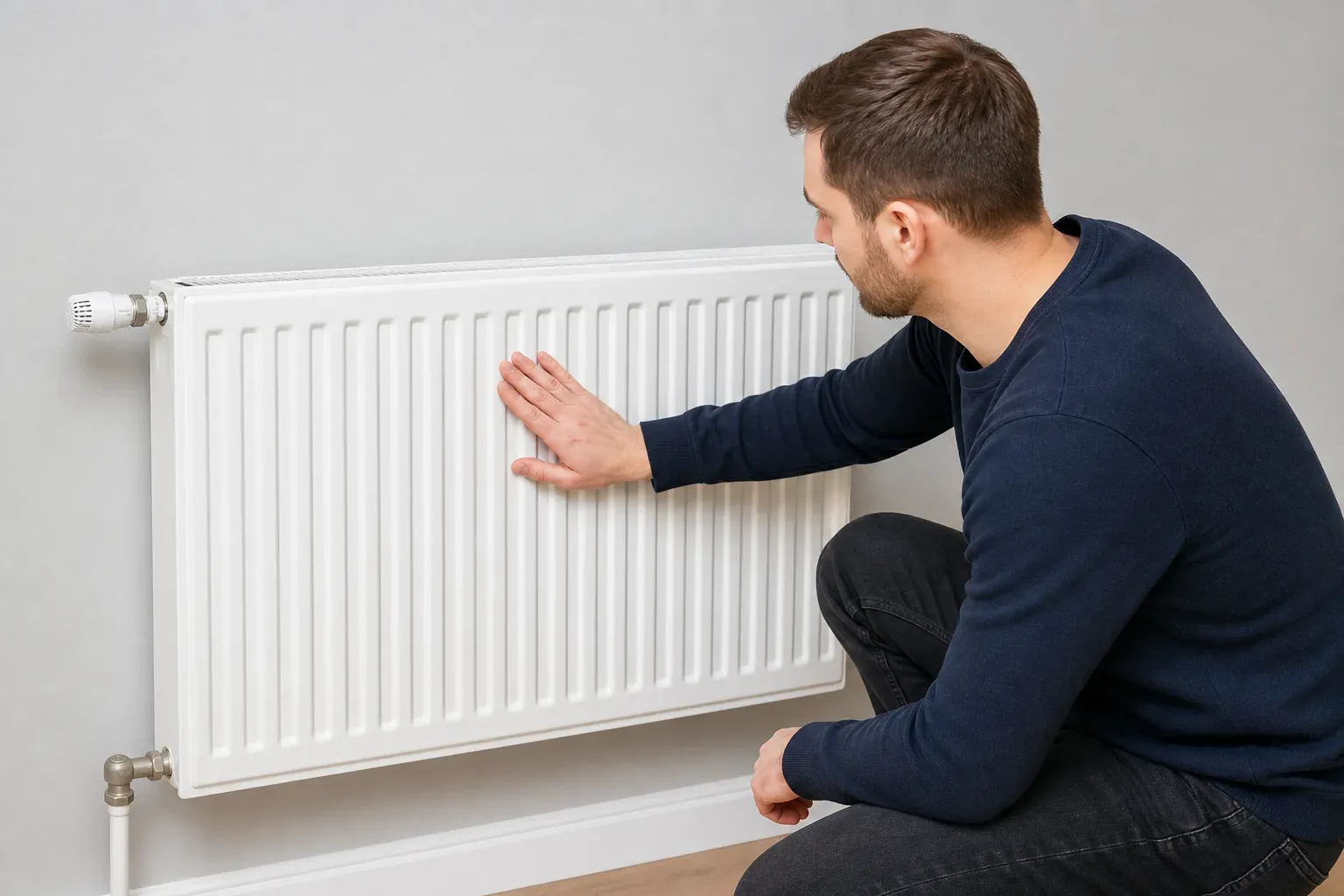 A person placing a hand on a fully warm radiator after bleeding to confirm even heat
