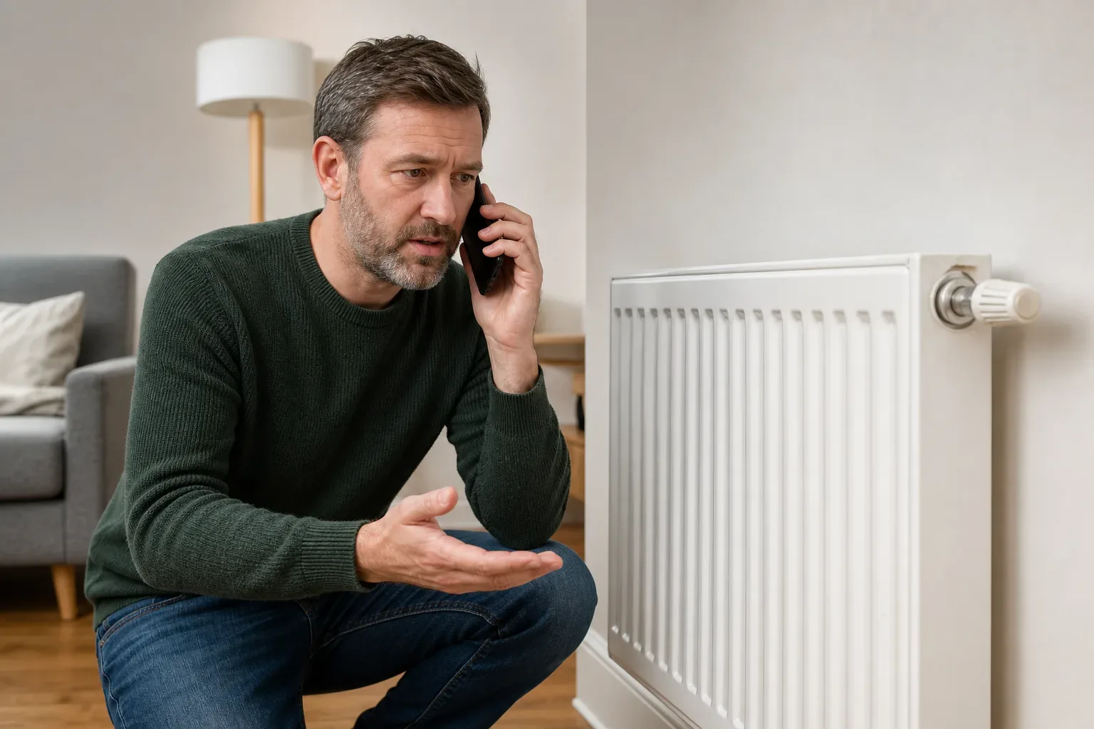 A homeowner on a phone call to a heating engineer after repeated radiator air problems