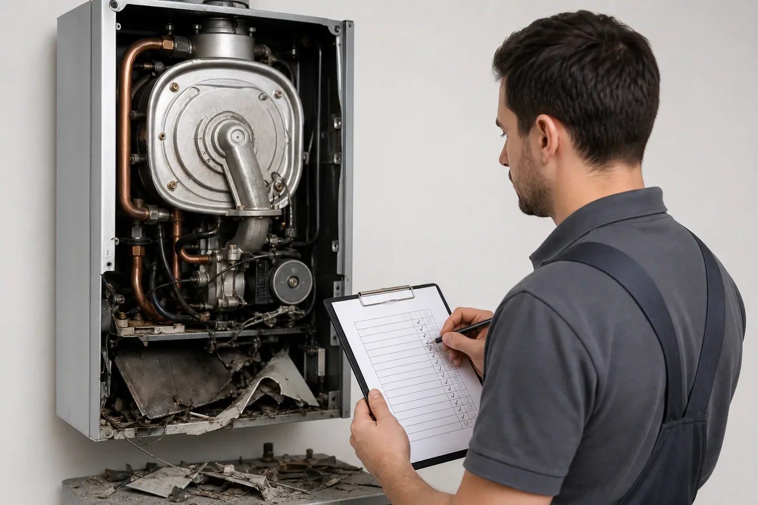 A broken boiler with an engineer's assessment form noting which parts are covered