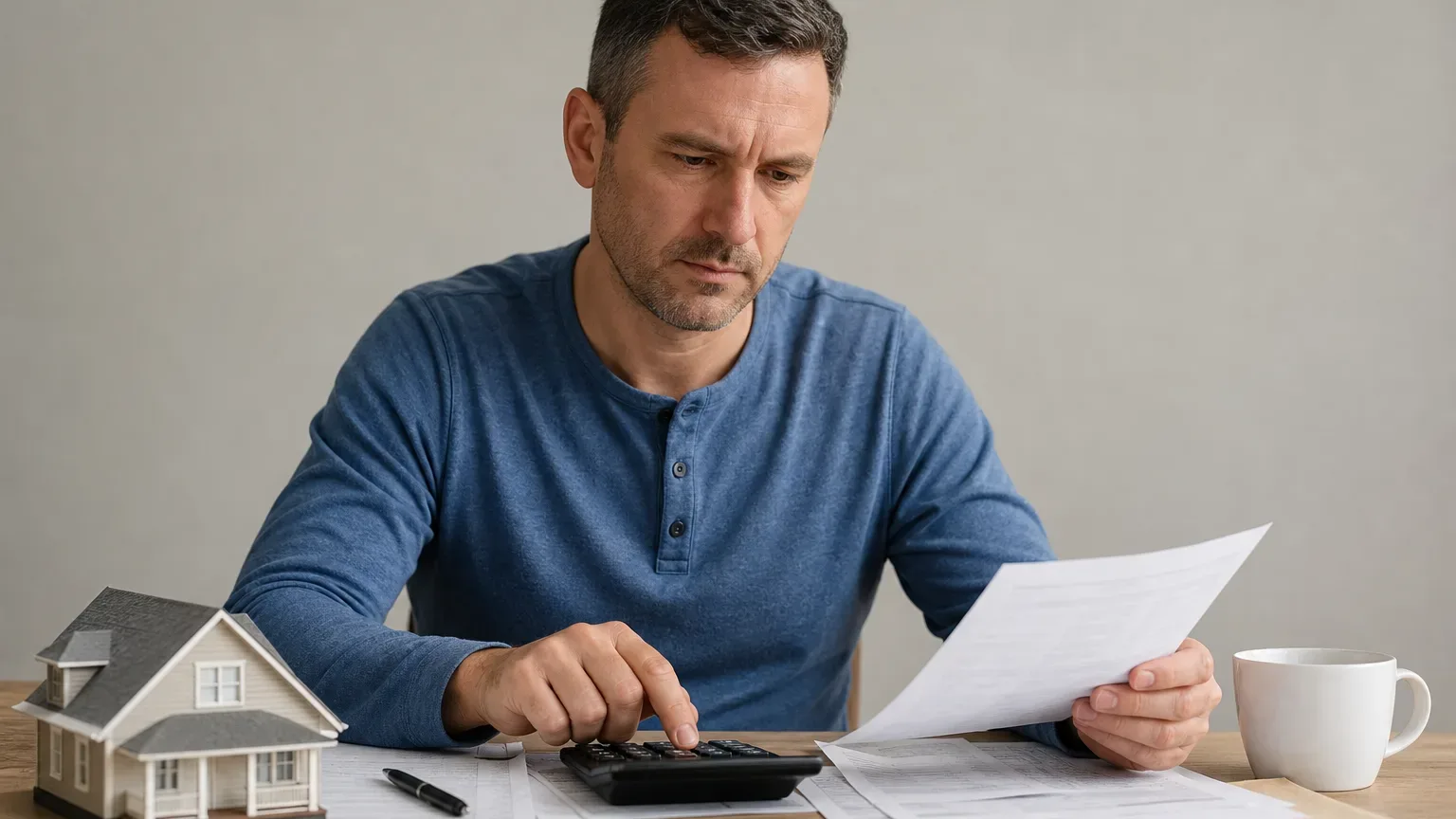 A homeowner using a calculator to compare annual insurance premiums with past repair bills