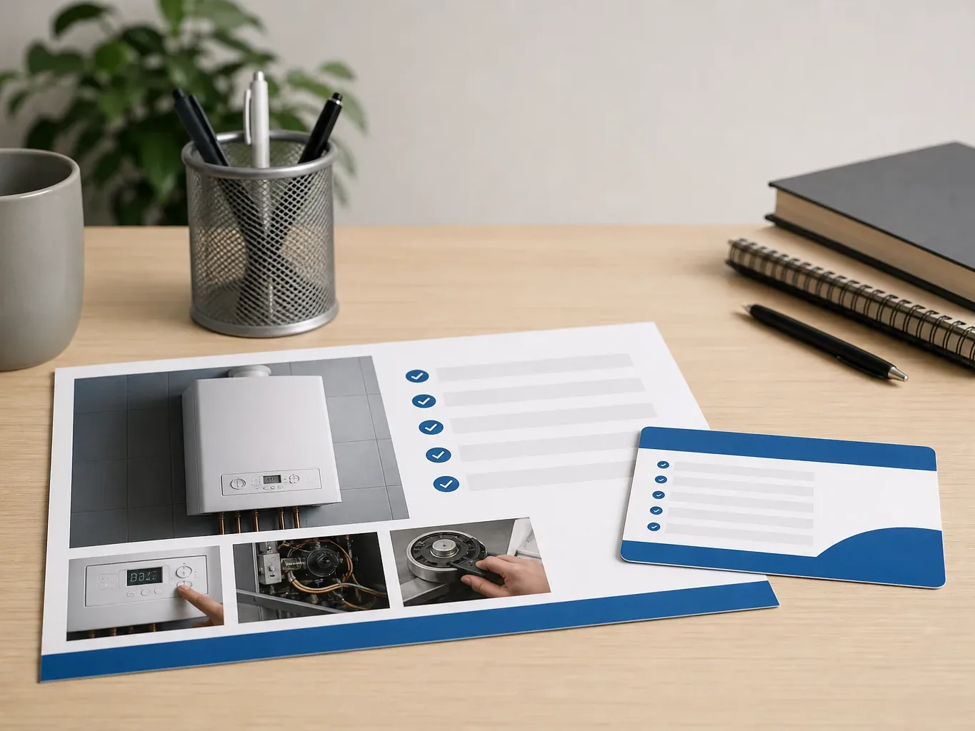 A printed list of boiler maintenance tips and a pay-as-you-go service card on a desk