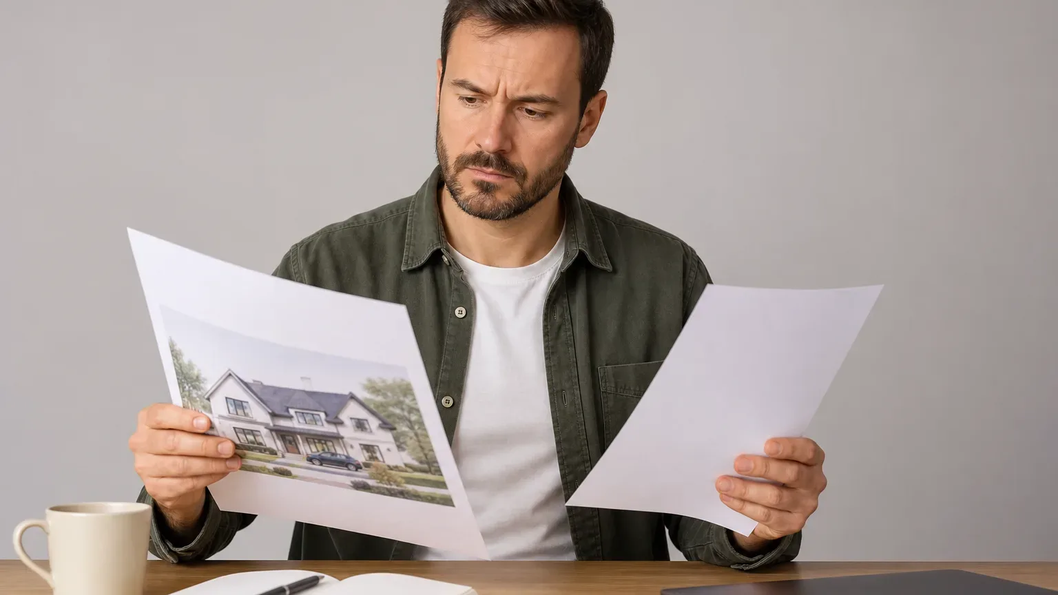 A homeowner weighing up two printed documents — a cover plan and a single repair invoice