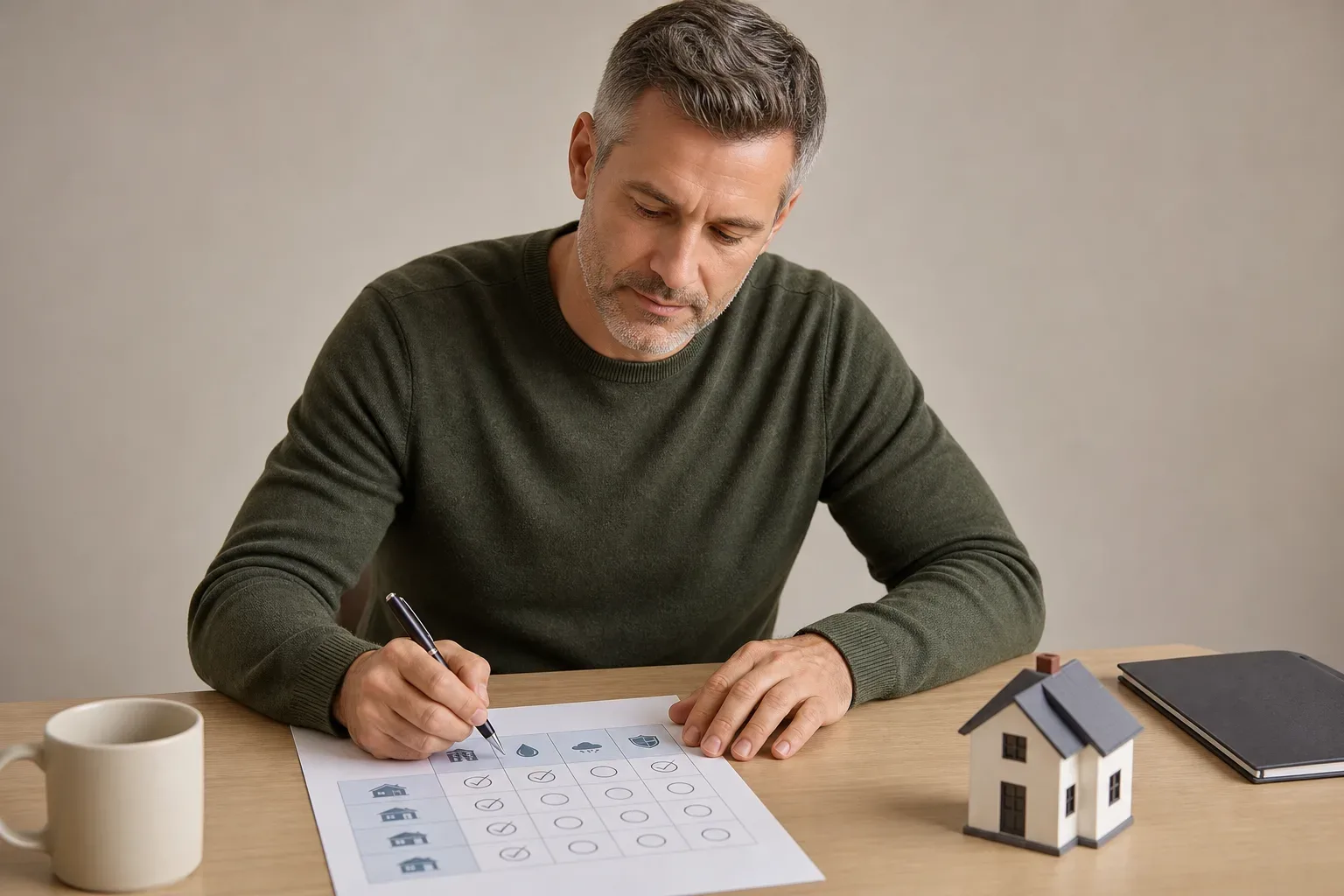 A landlord marking preferred cover options on a printed comparison sheet with a pen