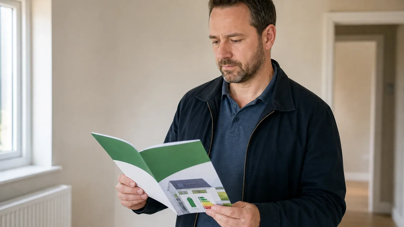 A landlord reading an ECO4 eligibility guide brochure at a property