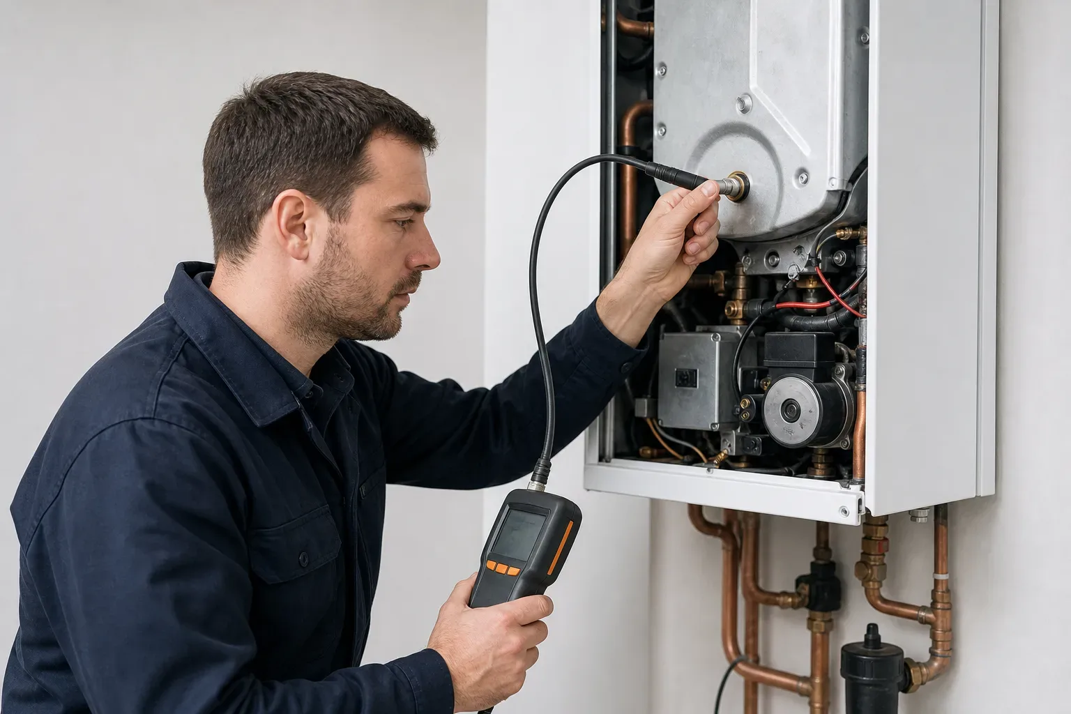 An engineer conducting a boiler service with a gas analyser connected to the flue