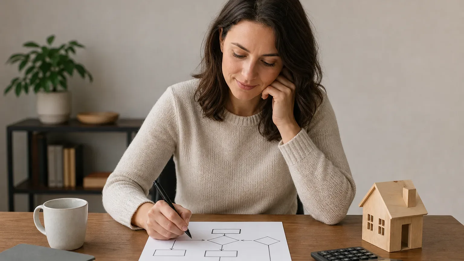 A homeowner drawing a decision flowchart on paper to choose between cover and pay-as-you-go