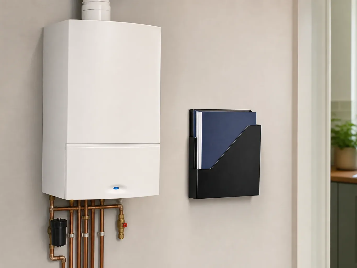 A finished boiler installation with a neat service record folder mounted beside it
