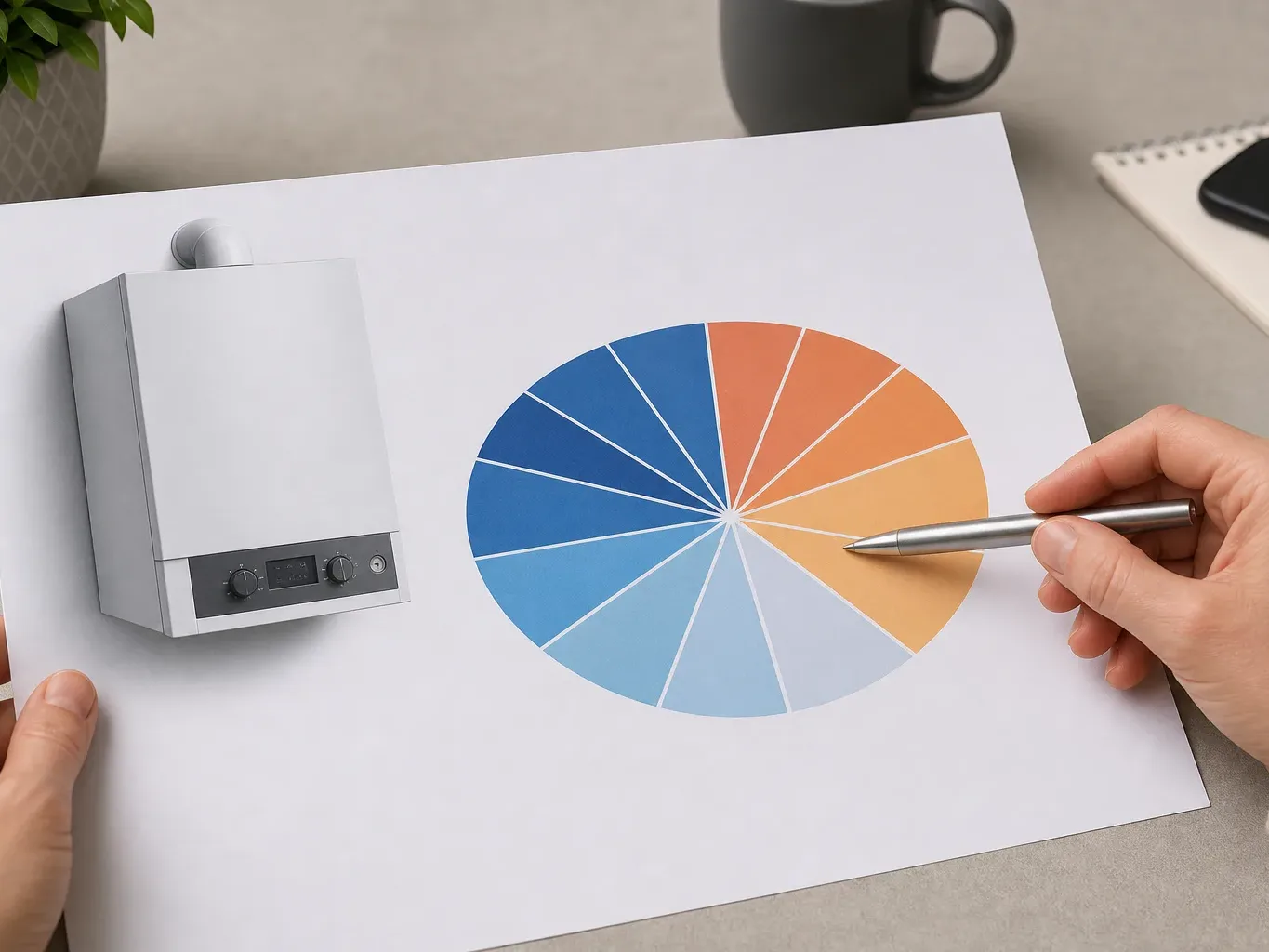 A diagram showing a new boiler cost split into monthly instalments on a printed sheet