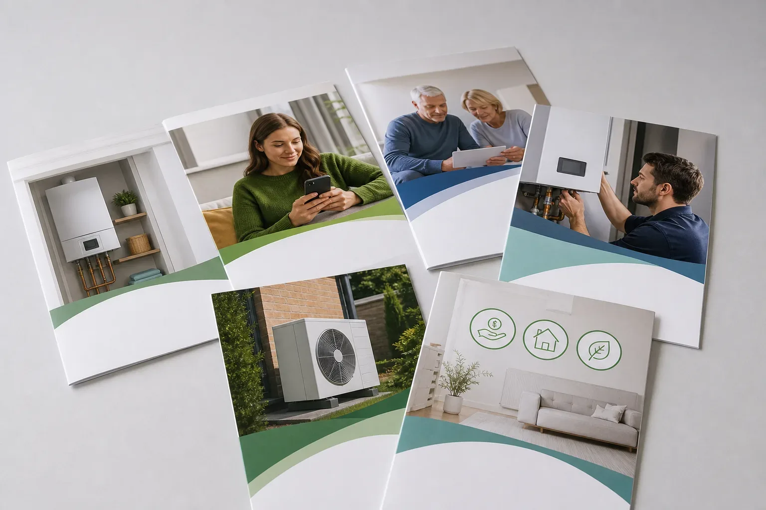 A selection of government boiler funding leaflets spread across a table