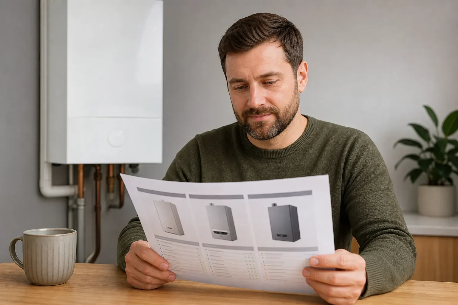 A homeowner reviewing alternative boiler finance options on a printed information sheet