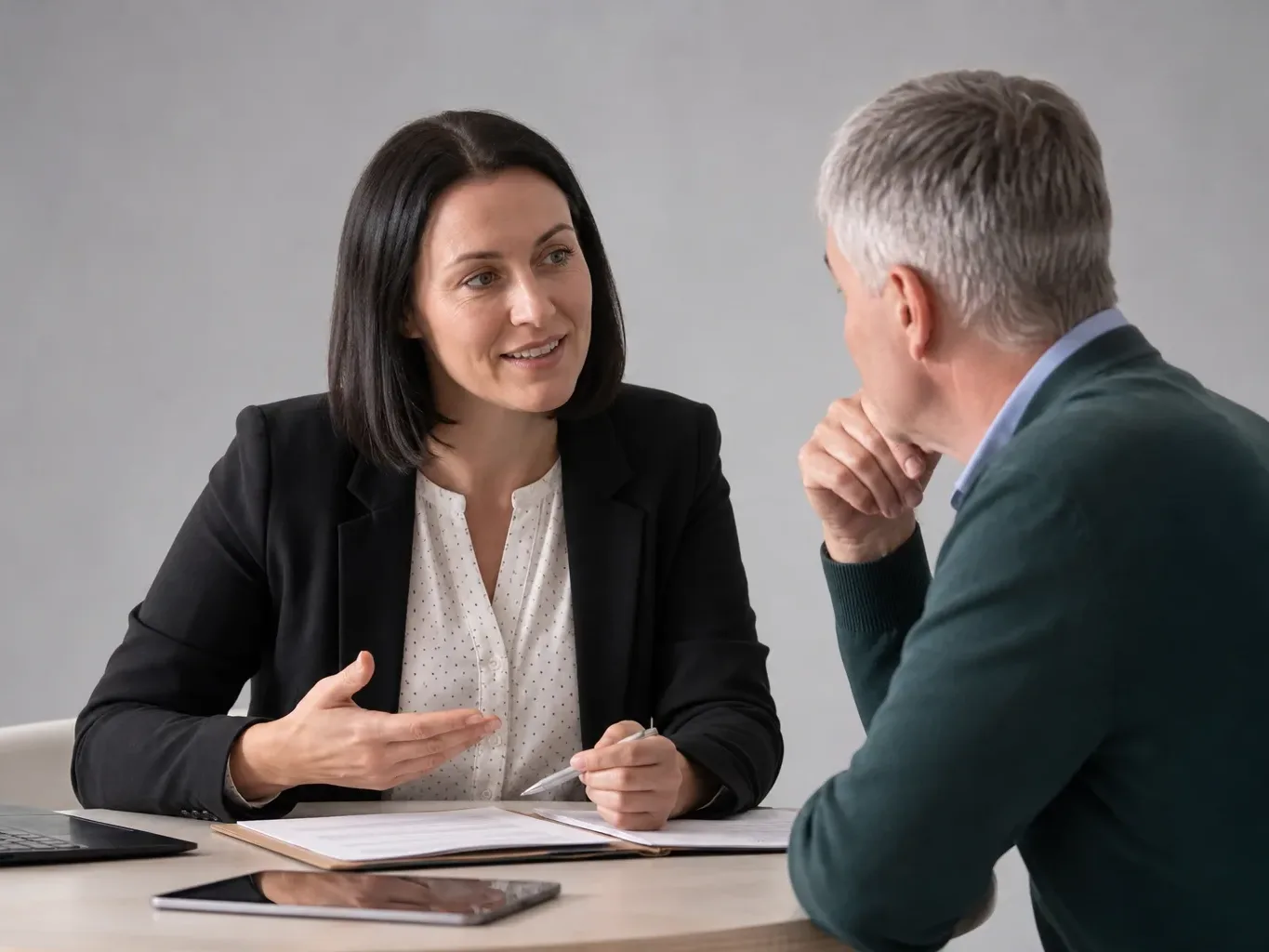 An advice worker answering a homeowner's boiler grant questions face to face at a table