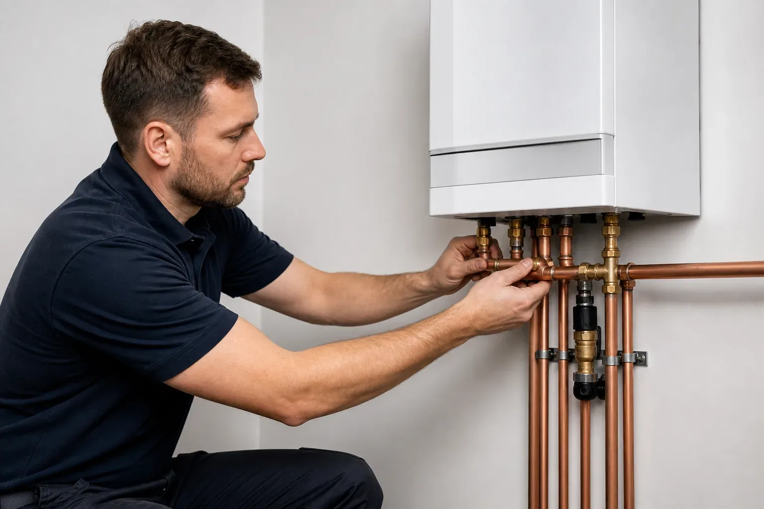 An engineer connecting copper pipework beneath a newly mounted boiler