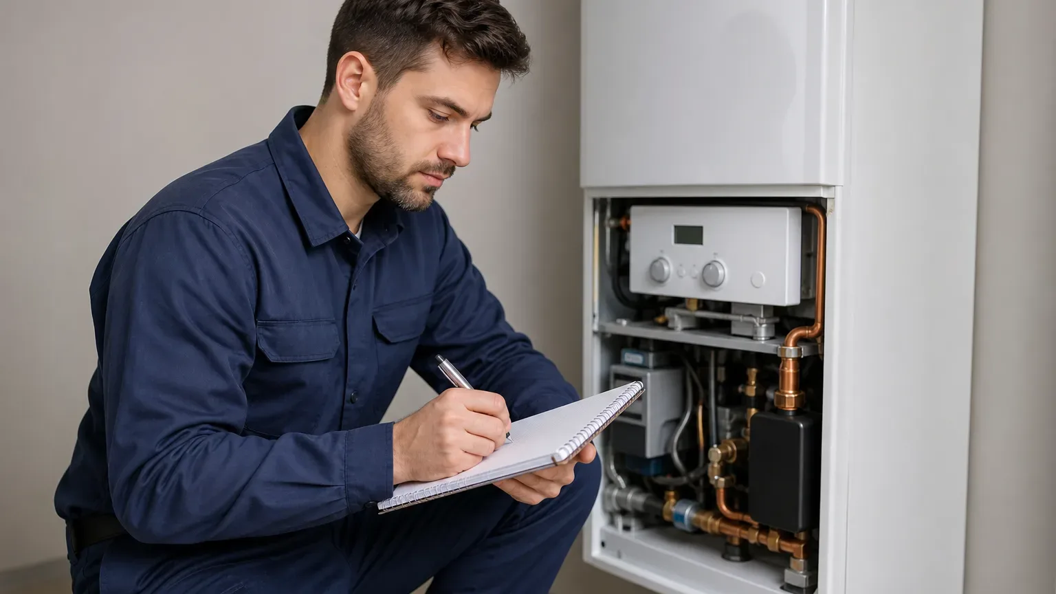 A tradesperson writing a cost estimate on a notepad while kneeling beside a boiler