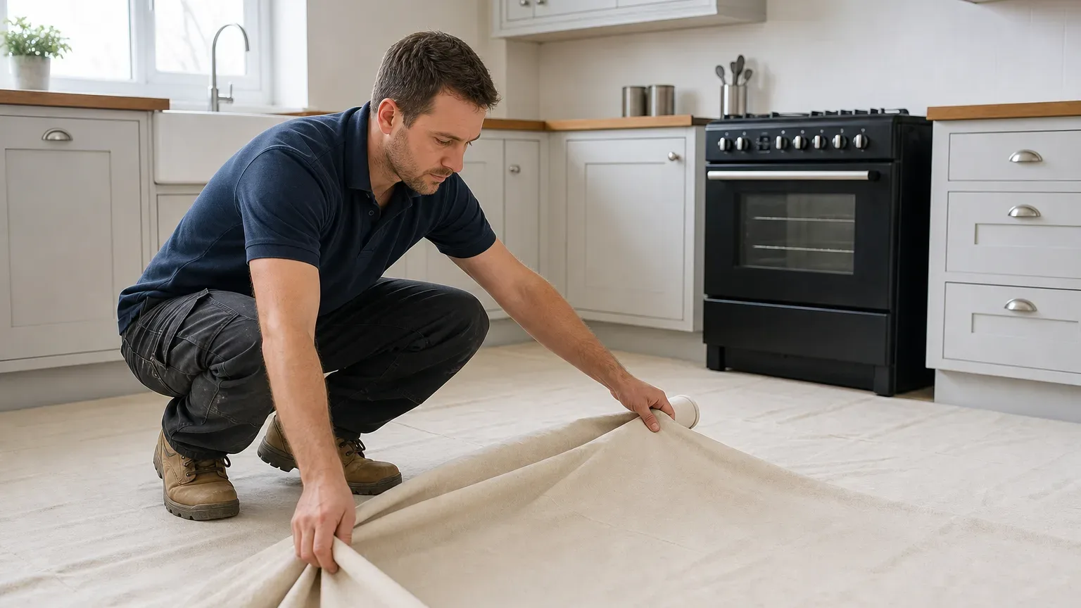 An engineer laying protective dust sheets across a kitchen floor before beginning work