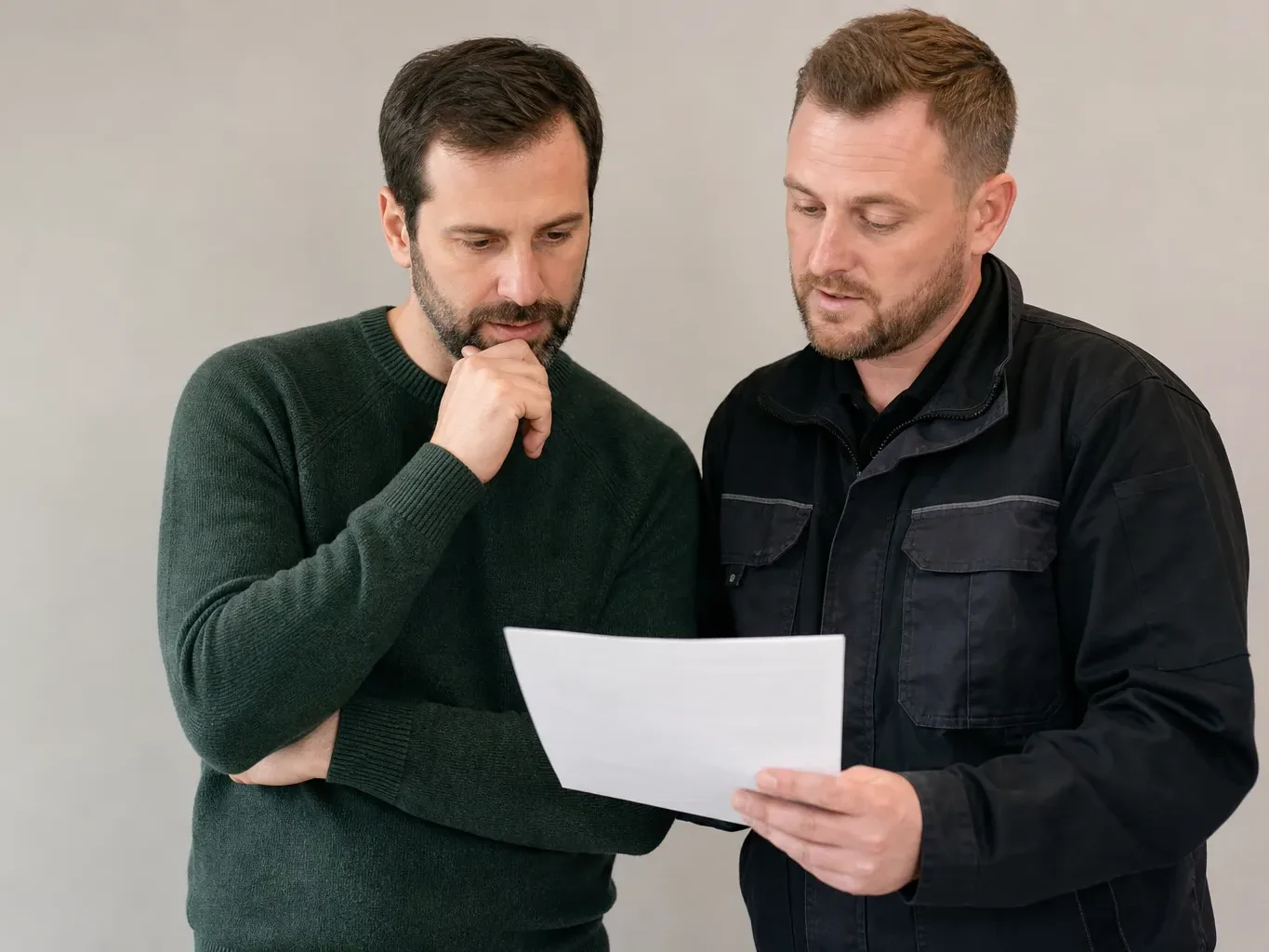 Two people looking at a document together, one holding it whilst the other rests a hand on their chin thoughtfully.
