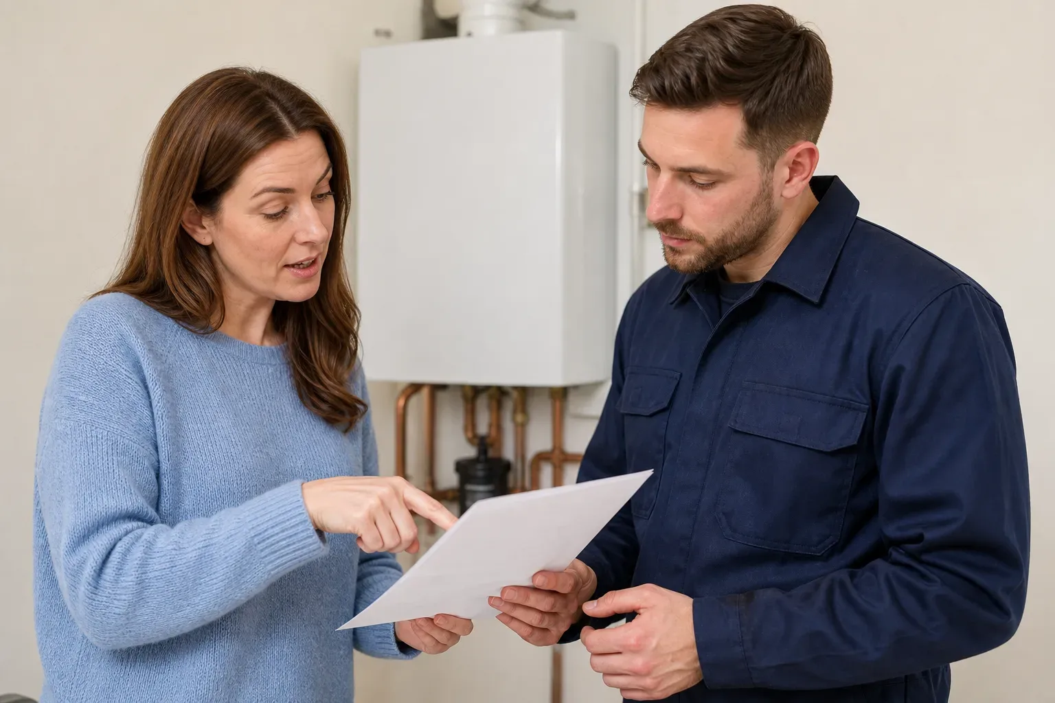 A homeowner points to a document held by an engineer, standing in front of a wall-mounted boiler.