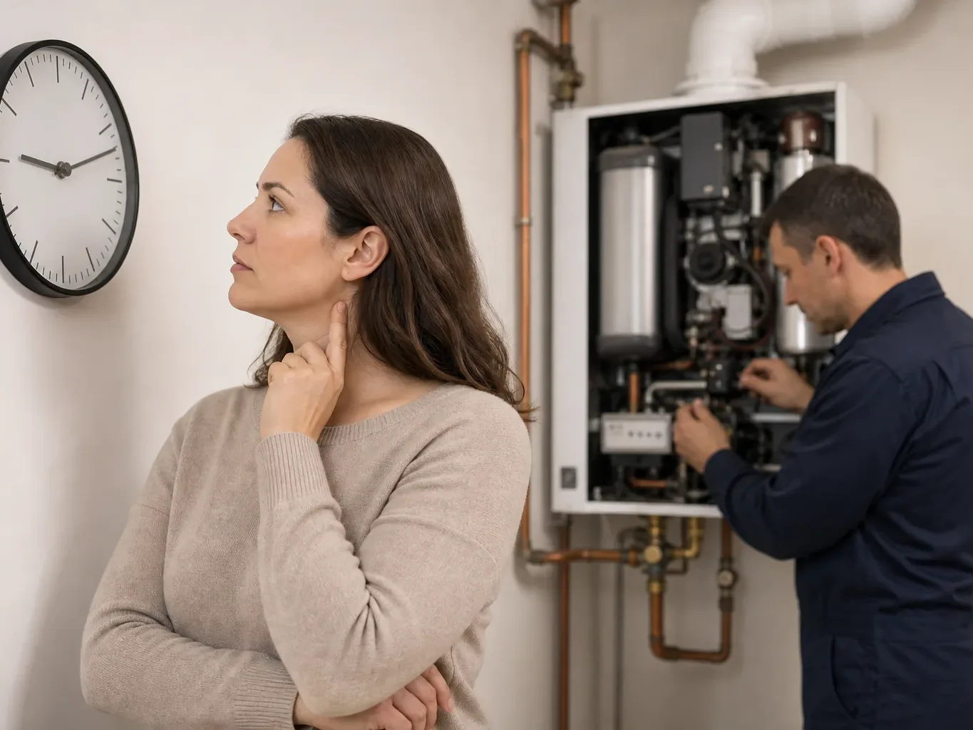 A homeowner looking at a wall clock while an engineer works on a boiler in the background