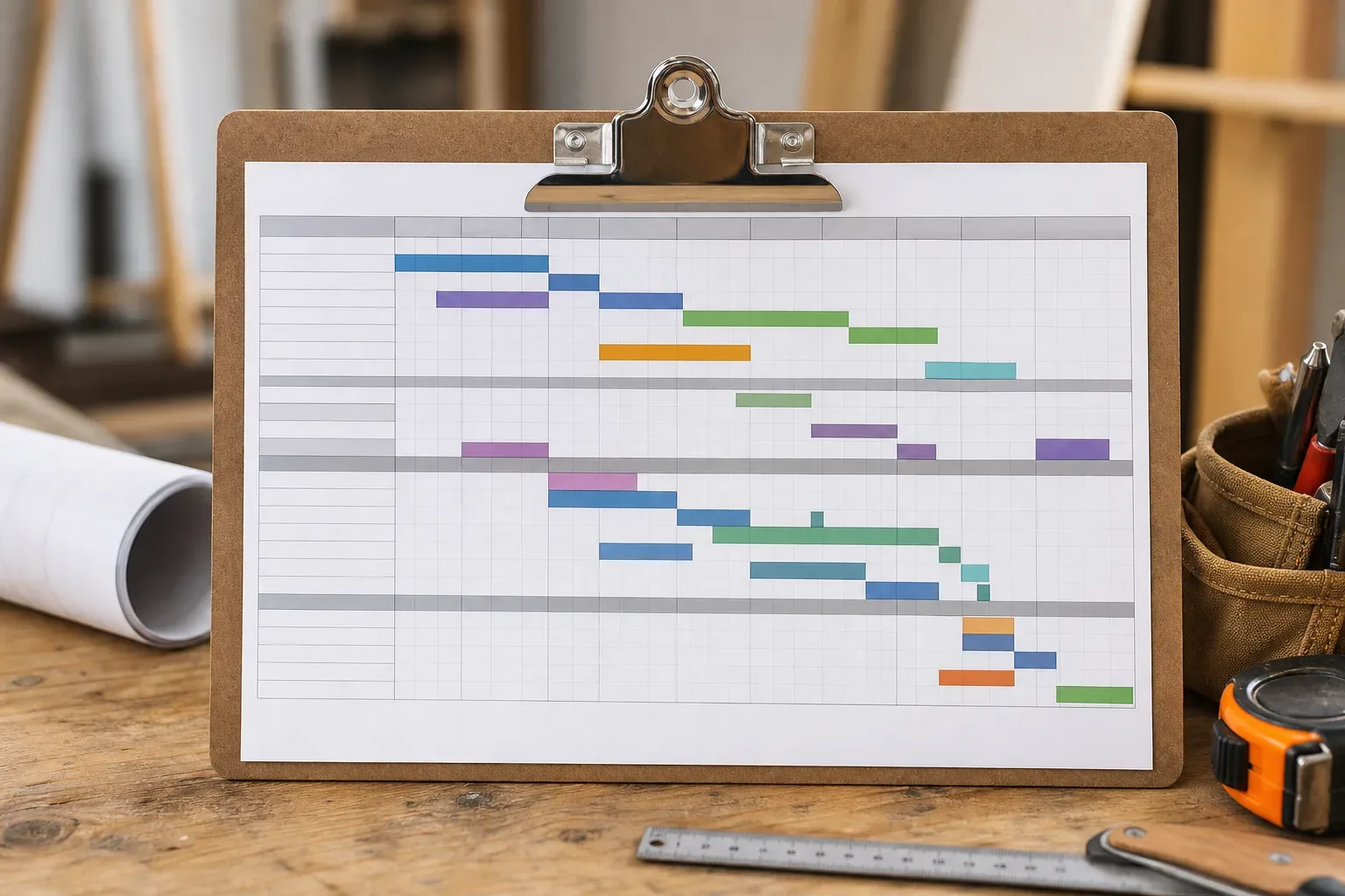 A printed installation schedule timeline pinned to a clipboard on a workbench