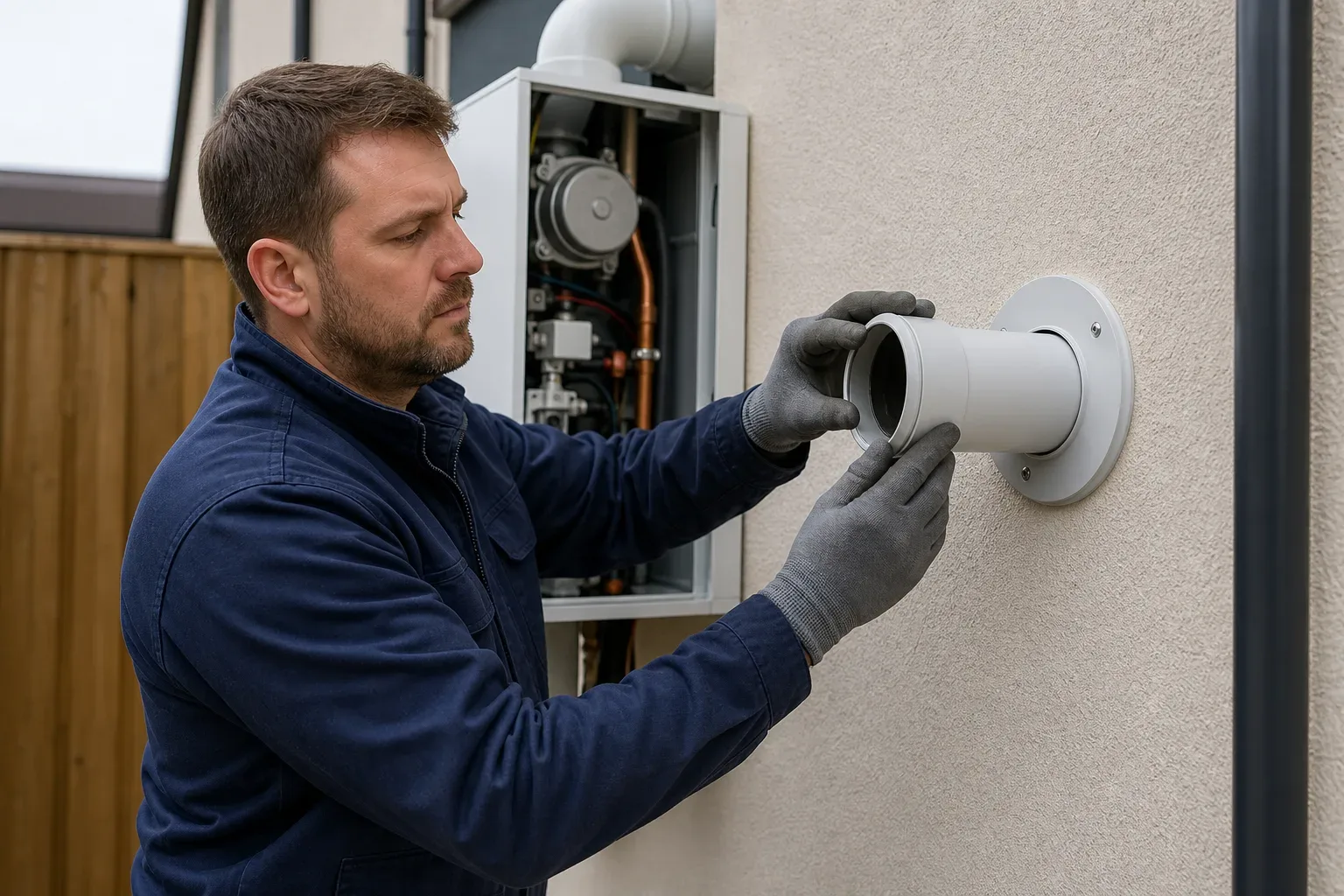 An engineer connecting a flue pipe through an external wall during a boiler fit
