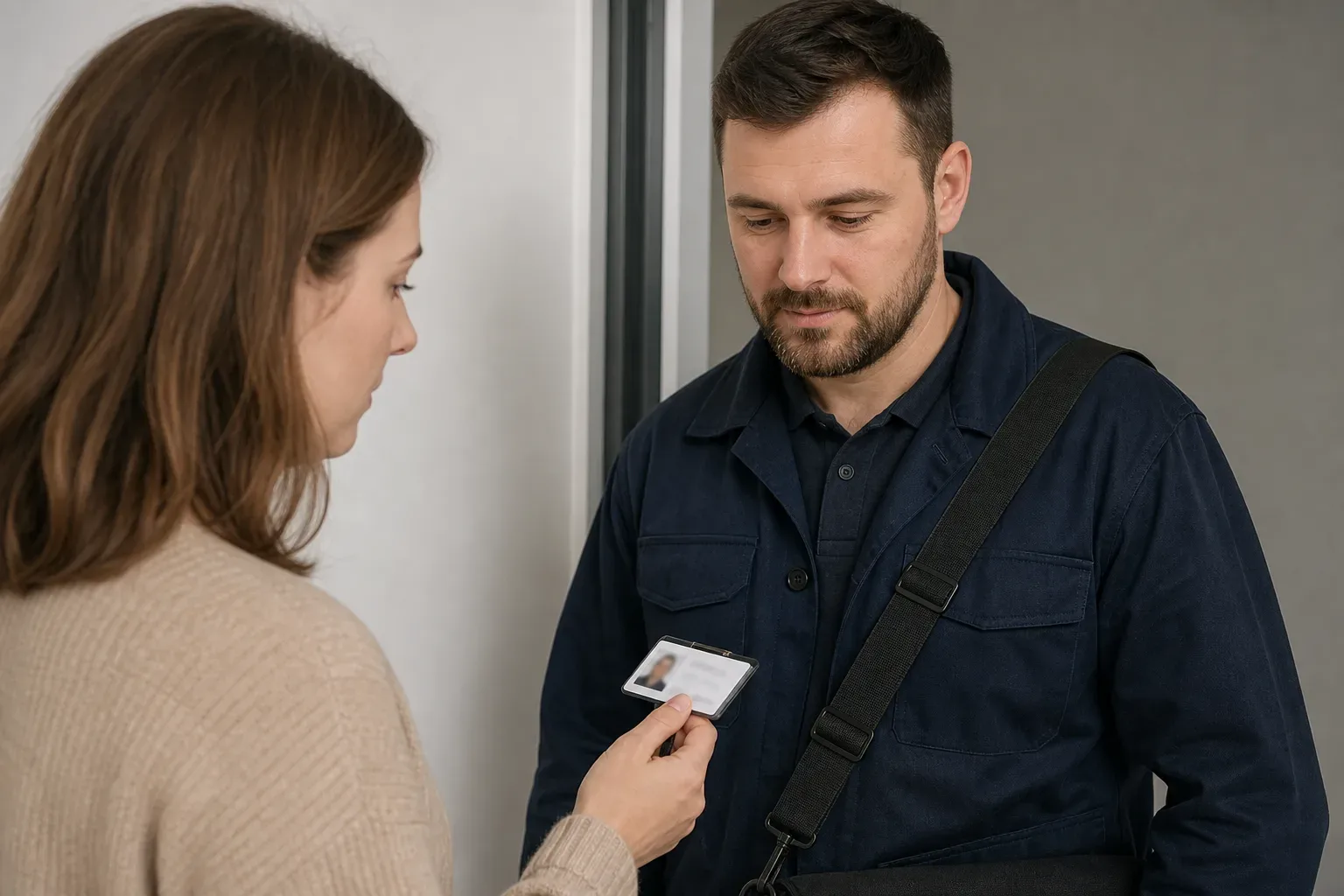 A homeowner checking an engineer's Gas Safe ID card before allowing entry