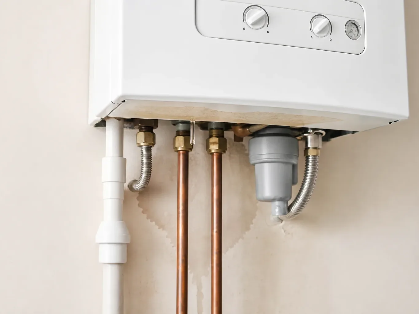 A visible water stain and drip beneath a boiler indicating a small system leak