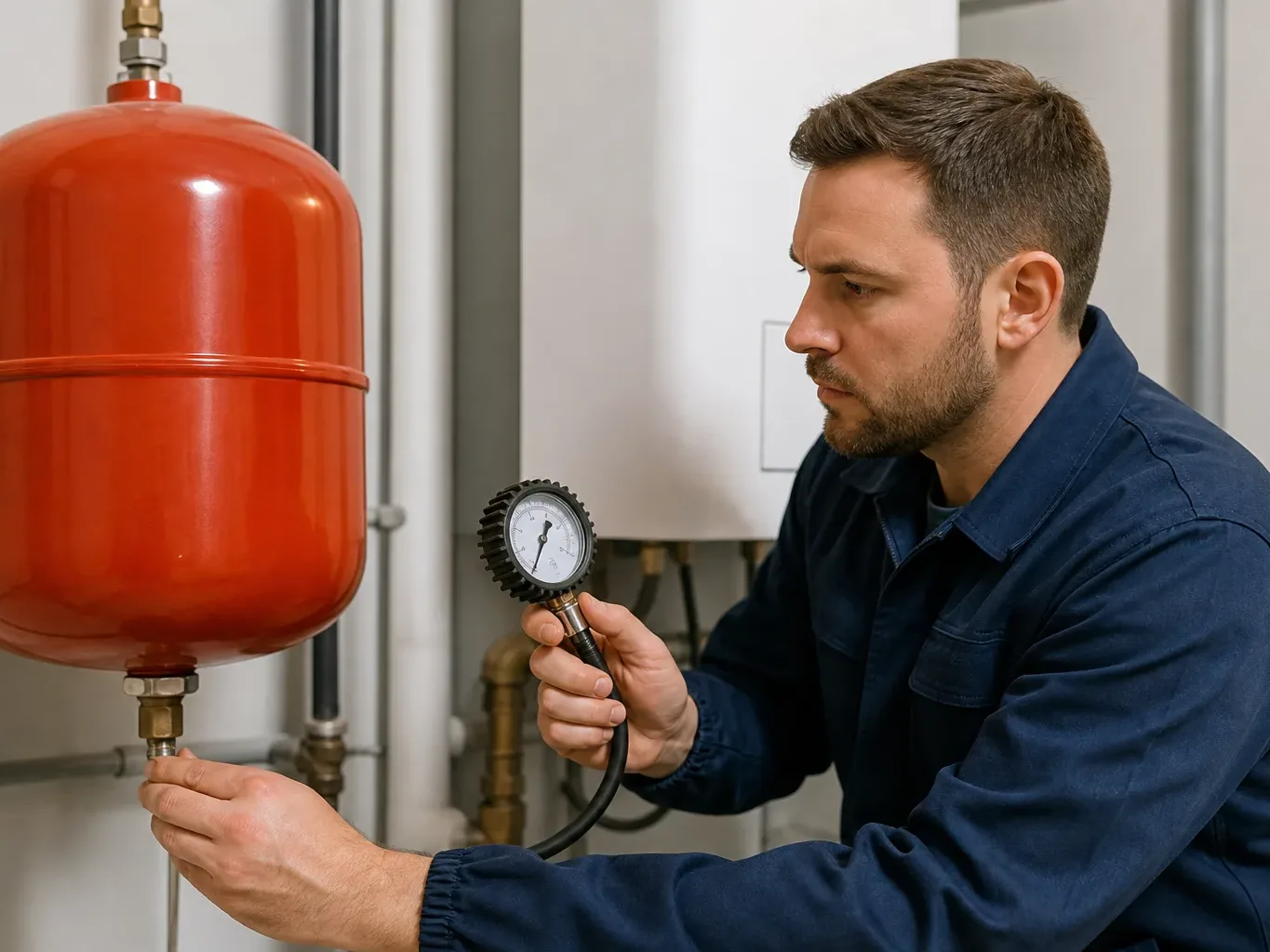An engineer inspecting the expansion vessel of a boiler with a tyre pressure gauge