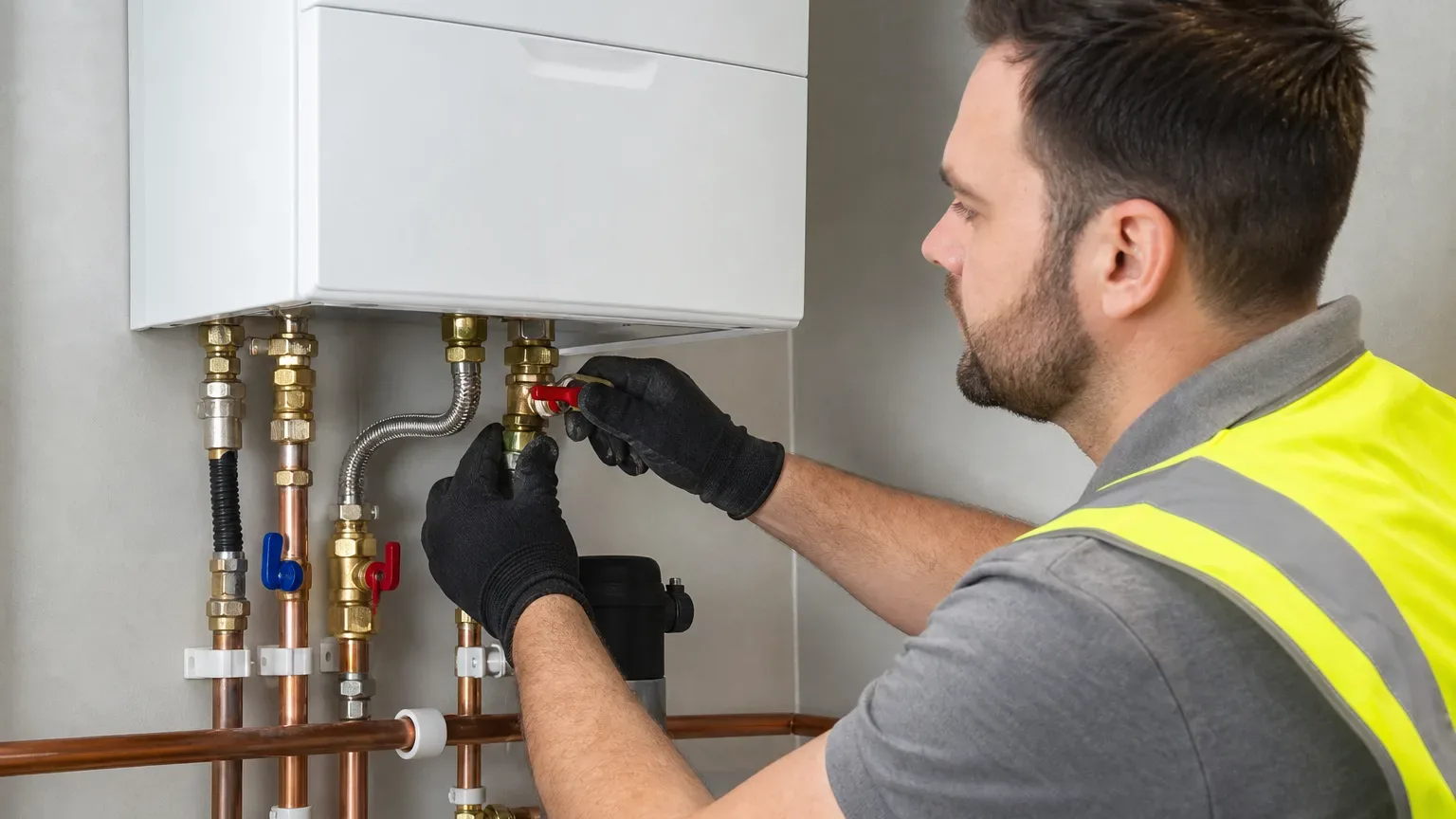 An engineer re-pressurising a boiler system using the filling loop beneath the unit