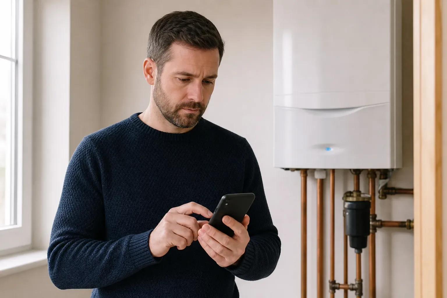 A homeowner submitting a boiler fault inquiry on a mobile phone