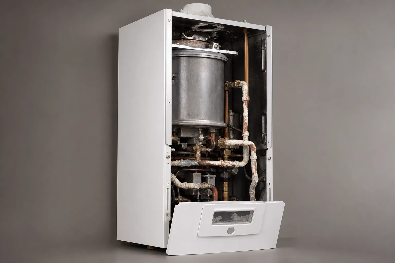 A boiler with visible limescale deposits on exposed pipework suggesting kettling