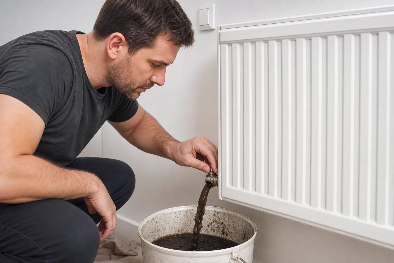 Dark sludge-coloured water being flushed from a radiator valve into a collection bucket
