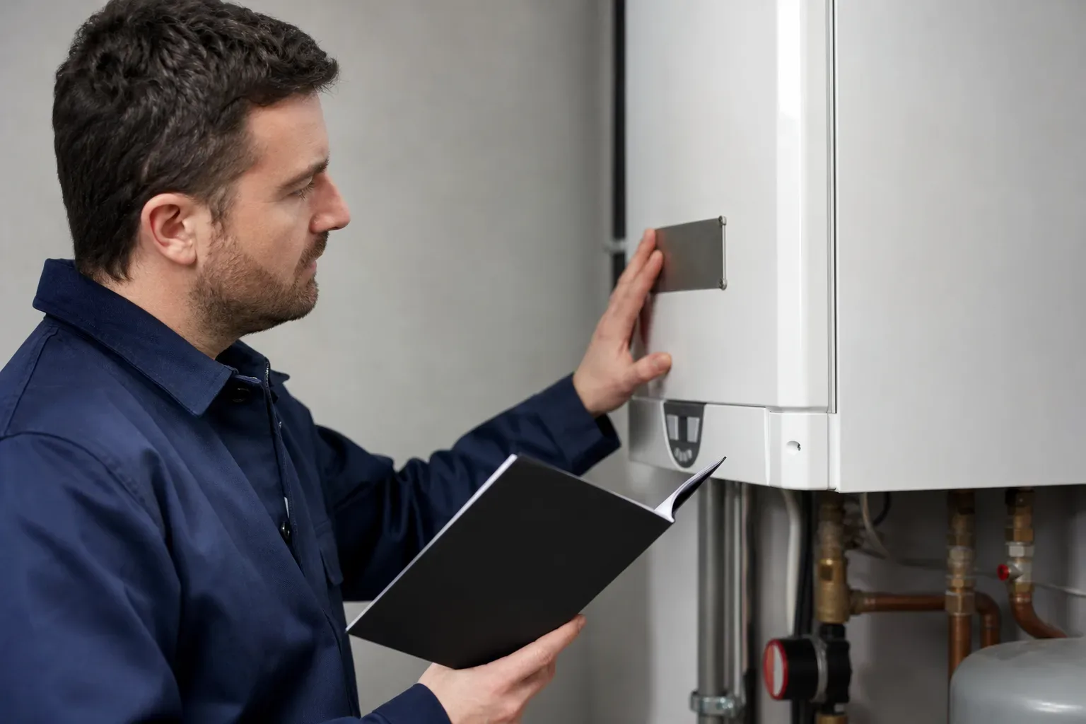 An engineer checking a boiler's installation date plate while referring to a warranty booklet