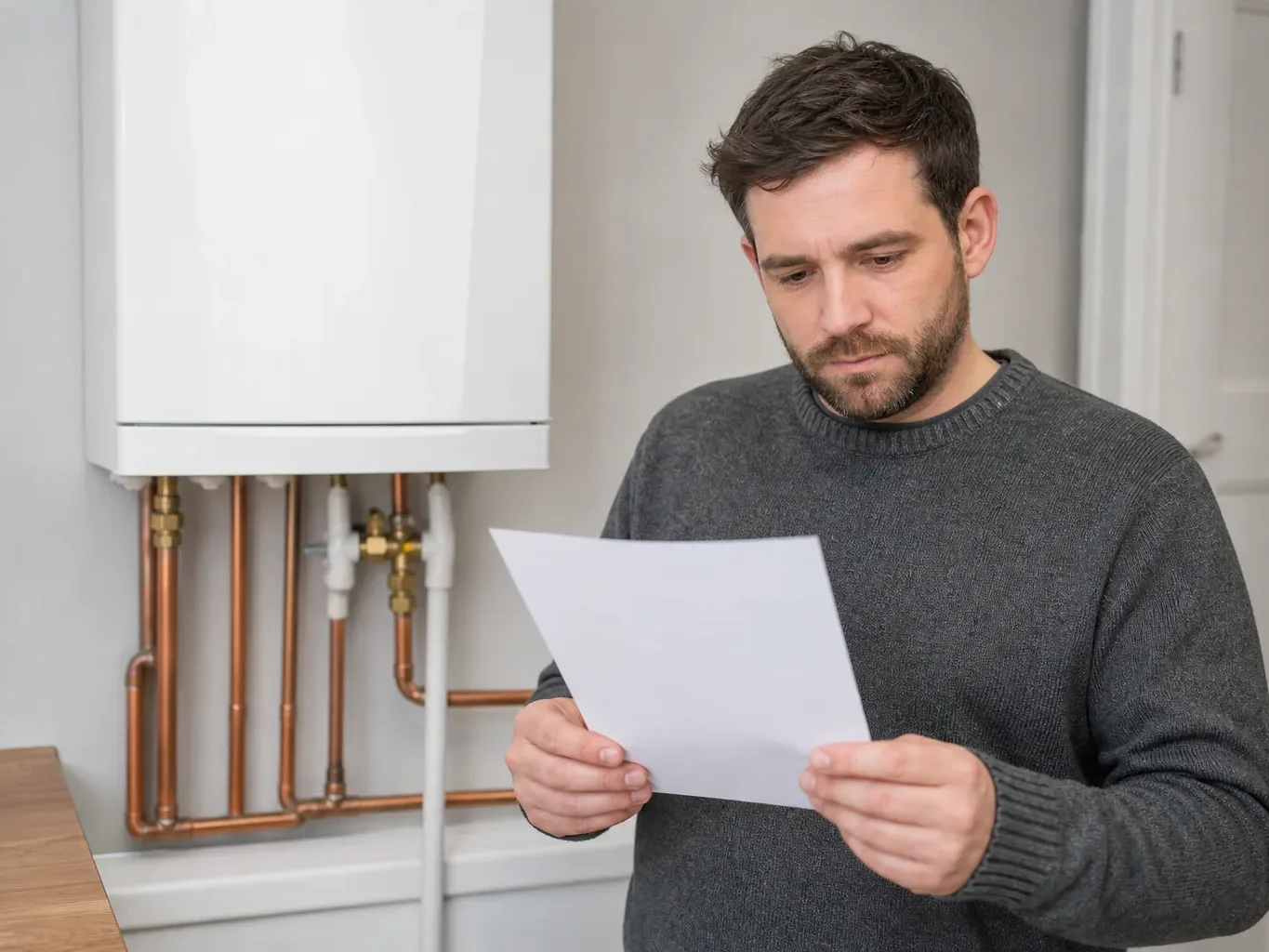 A homeowner holding a printed list of boiler noise questions to ask an engineer