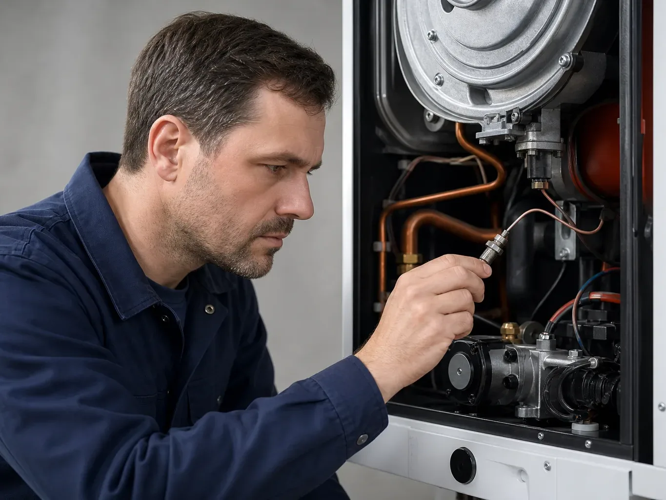 An engineer inspecting a thermocouple component inside an open boiler casing