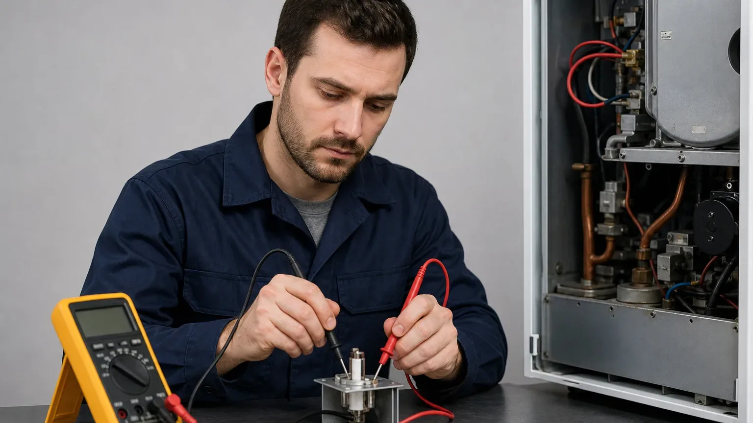 An engineer using a multimeter to test electrical continuity on a boiler ignition component