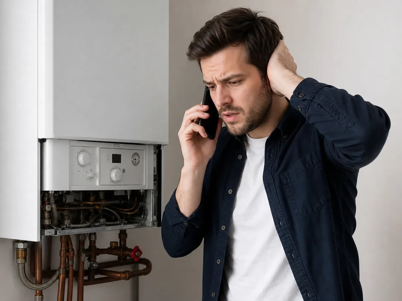 A homeowner urgently making a phone call while standing next to a non-functional boiler
