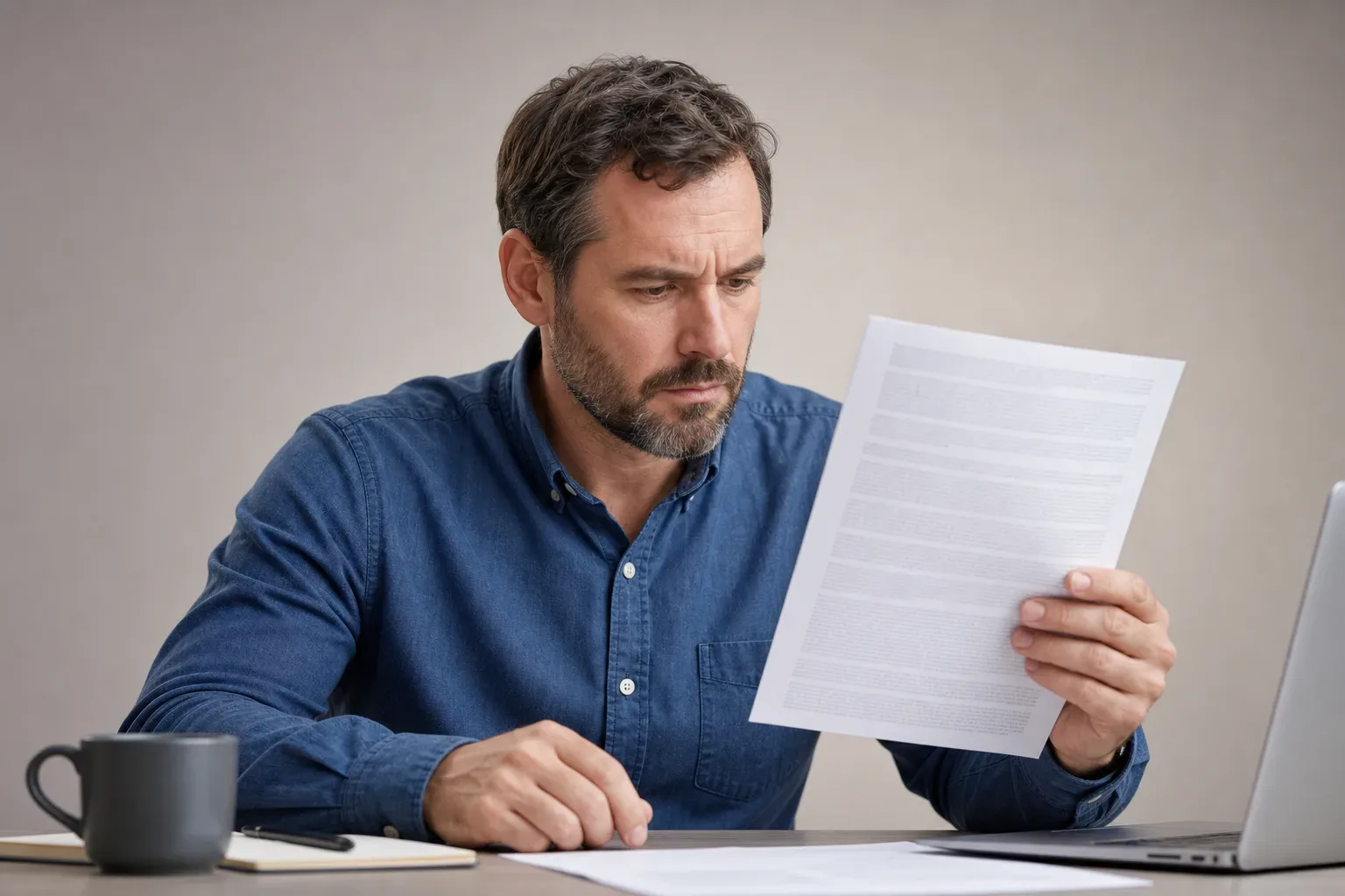 A person reviewing the small print of a boiler cover policy document at a desk