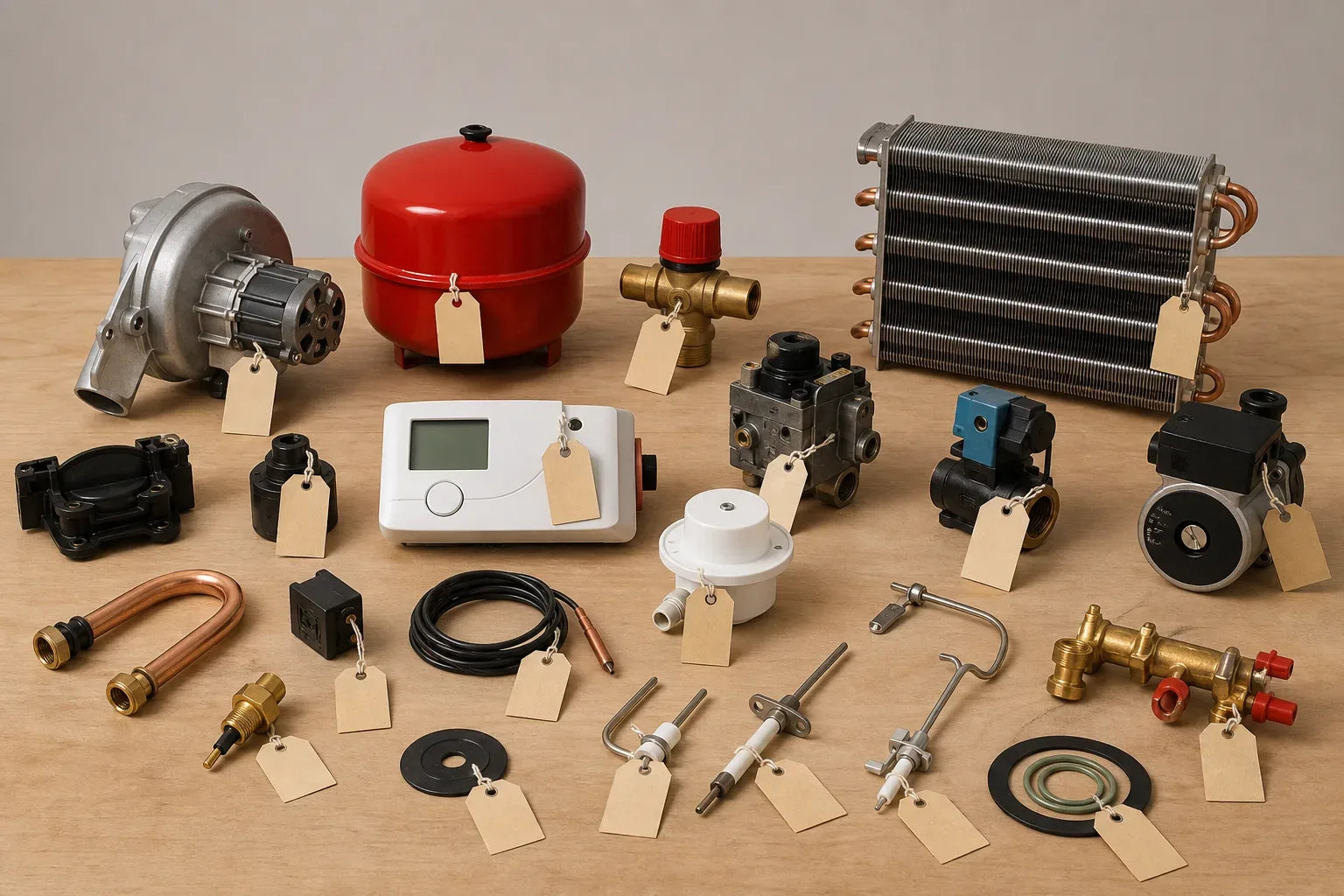 An array of boiler spare parts laid out on a workbench with price stickers visible