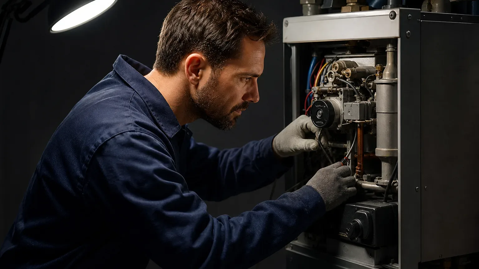 An engineer working on a boiler late at night with only a work lamp illuminating the room
